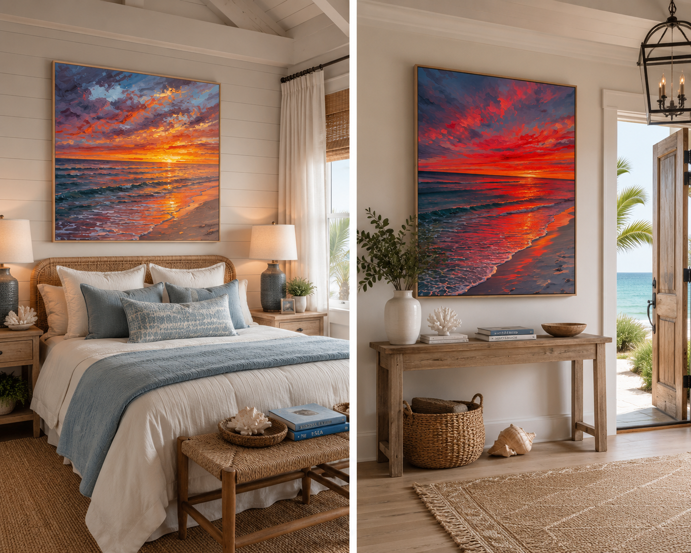 Home setting of colorful sunset over a beach with waves and sand.