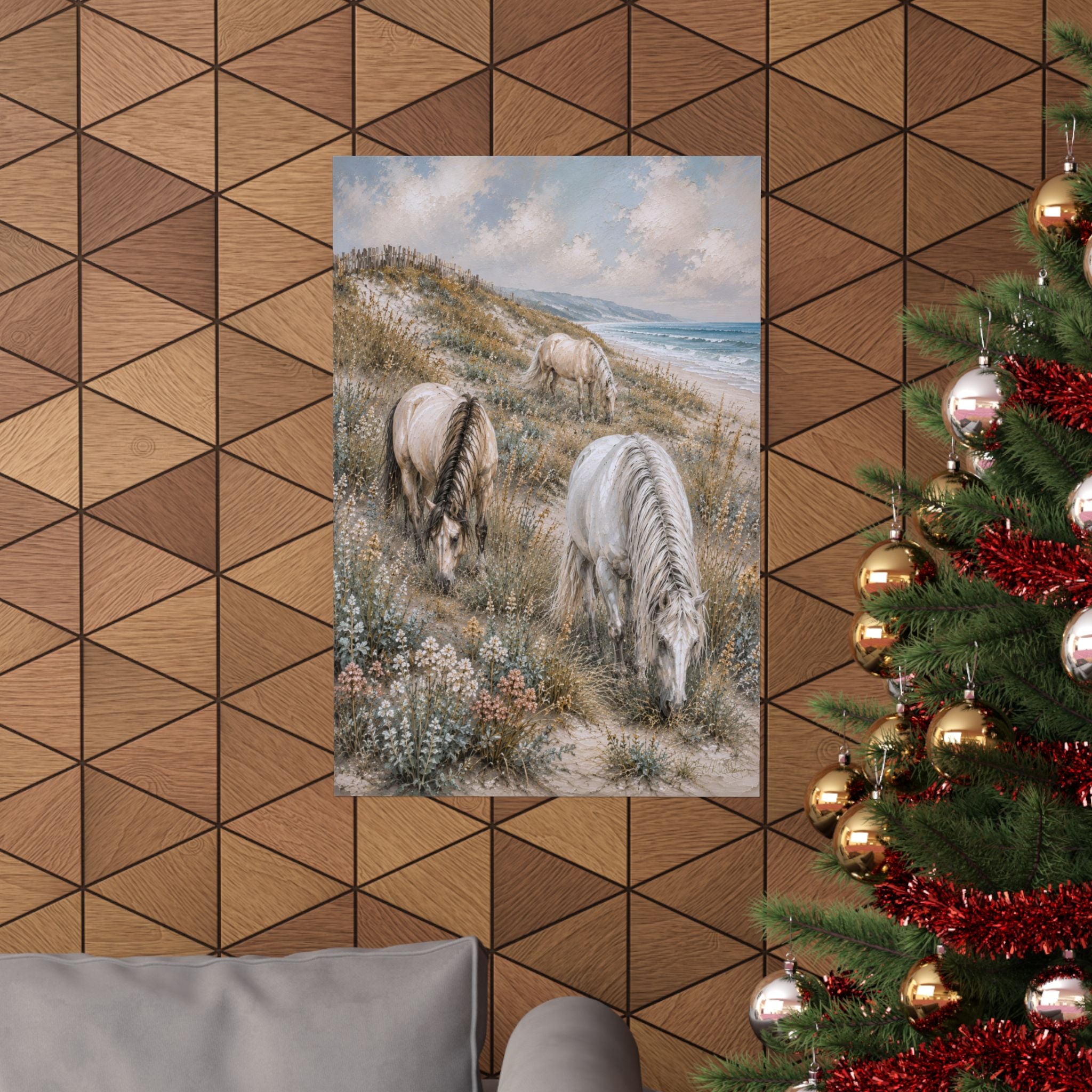 Three graceful horses graze among coastal dunes overlooking the sea in this serene equestrian artwork featuring soft neutral tones, textured details, and timeless seaside beauty.