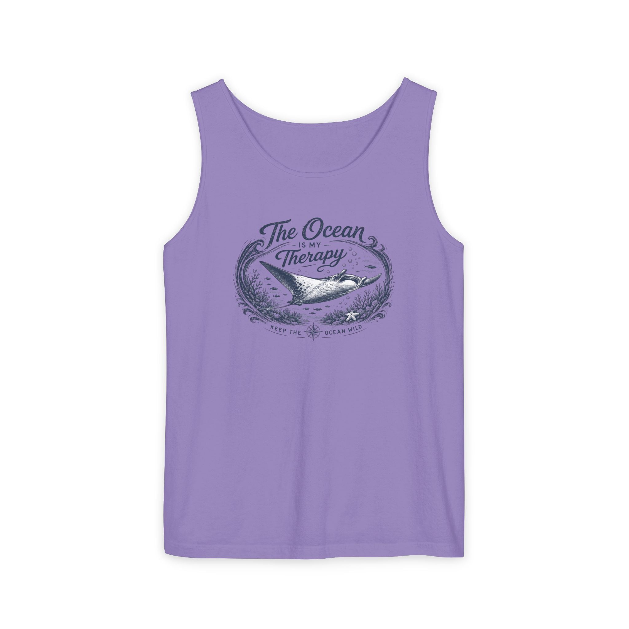 The Ocean Is My Therapy | Vintage Manta Ray Graphic Shirt | Keep the Ocean Wild - Unisex Garment-Dyed Tank Top