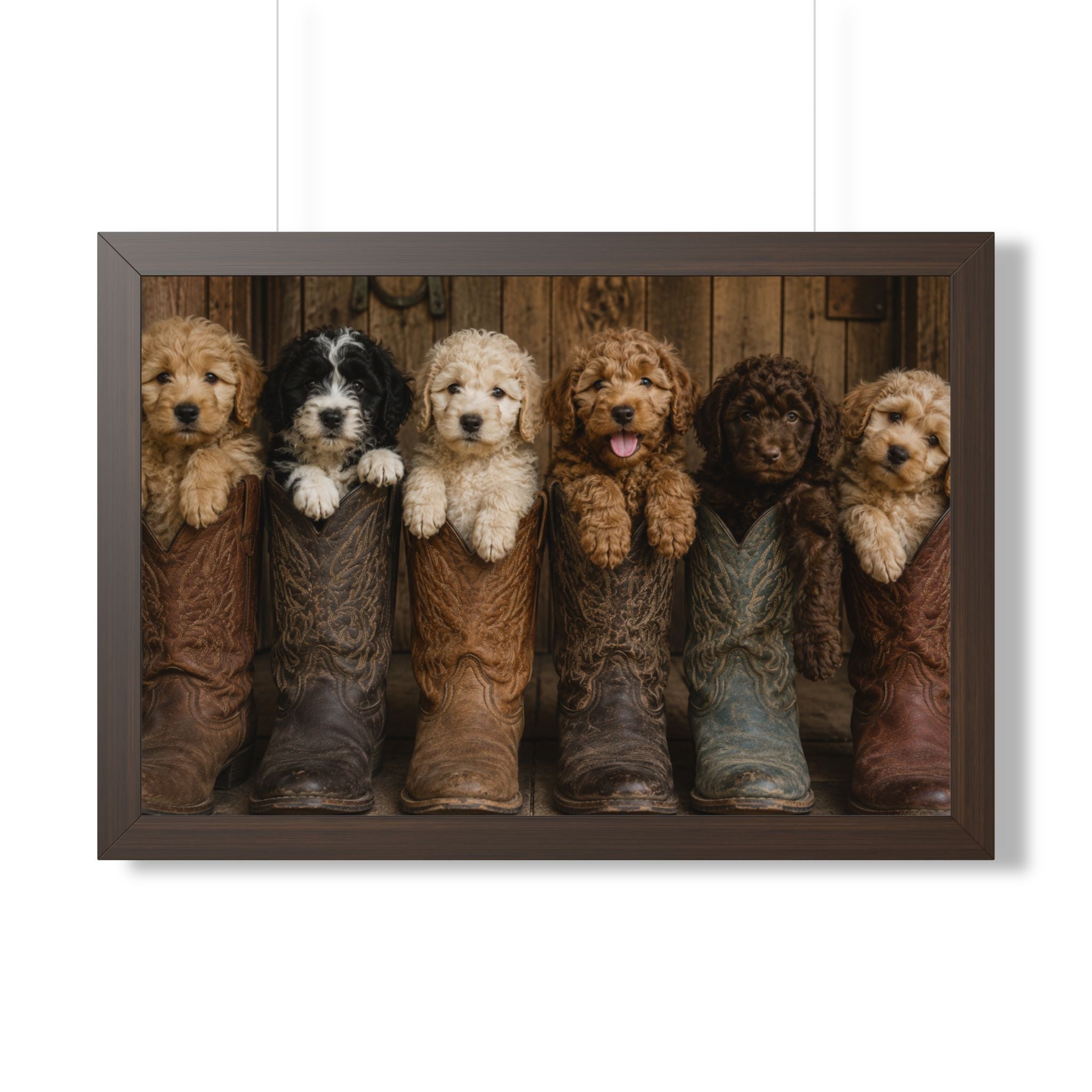 Brown Frame - Six adorable puppies nestled inside weathered cowboy boots create a heartwarming blend of Western charm, playful personalities, and rustic farmhouse style.