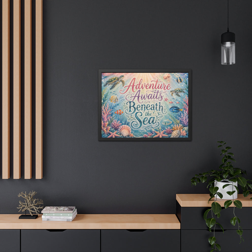 Whimsical ocean typography artwork combines elegant lettering with playful underwater details. Sea turtles, tropical fish, coral gardens, shells, and gentle ocean light. 