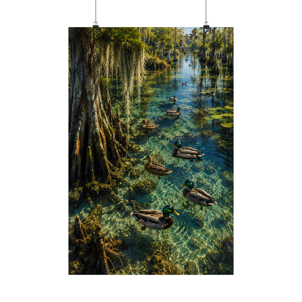 Where the Water Runs Clear – Southern waterscape matte poster with mallard ducks in crystal-clear spring water beneath cypress trees