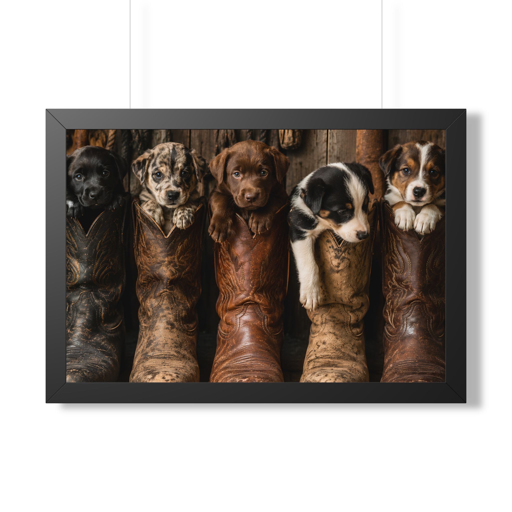 Black Frame Wall Portrait Office  - Five adorable puppies nestled in weathered cowboy boots create a heartwarming scene filled with Western charm, playful personalities, and rustic country style.