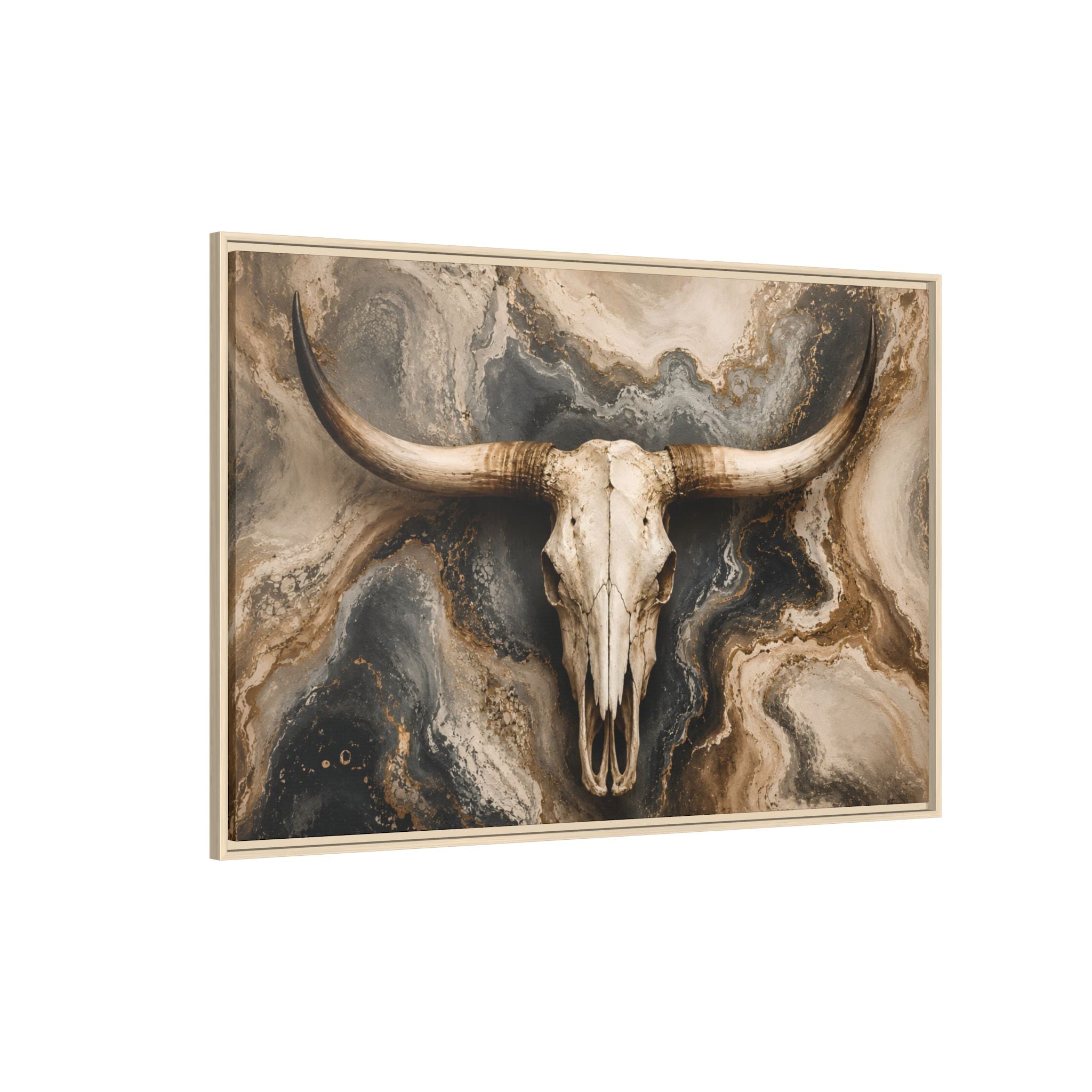 Western longhorn skull artwork featuring a dramatic marbled background in ivory, charcoal, taupe, and gold. Modern ranch-inspired wall art blending rustic Western heritage with luxury farmhouse and contemporary home décor styles.  Great for over the fireplace, office, entry, great room, lodge, cabin, or executive office.