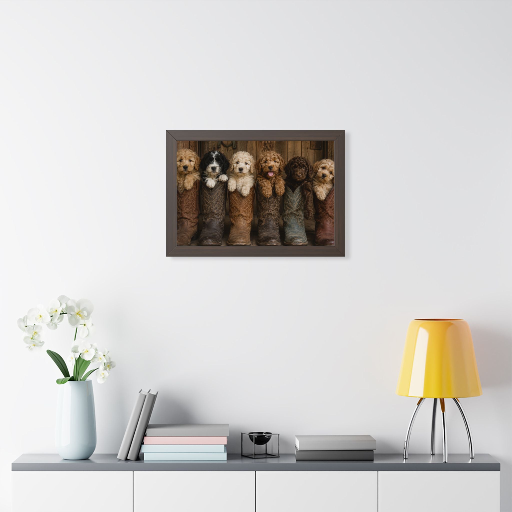 Office - Six adorable puppies nestled inside weathered cowboy boots create a heartwarming blend of Western charm, playful personalities, and rustic farmhouse style.