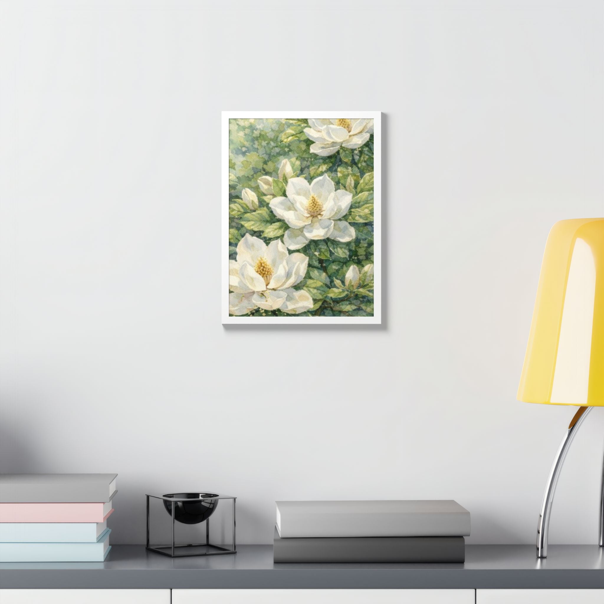 Magnolia Blossom Watercolor Framed Poster — Southern Botanical Wall Art