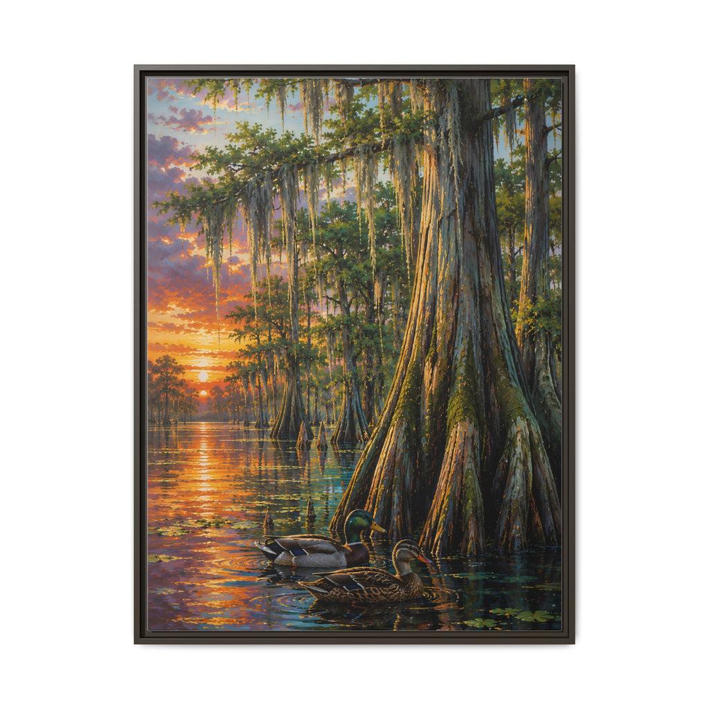 Black Frame - A serene Southern wetland painting featuring majestic cypress trees, glowing sunset reflections, and peaceful waters. Rich colors and timeless beauty make this signed artwork a stunning addition to traditional, coastal, farmhouse, and rustic interiors.