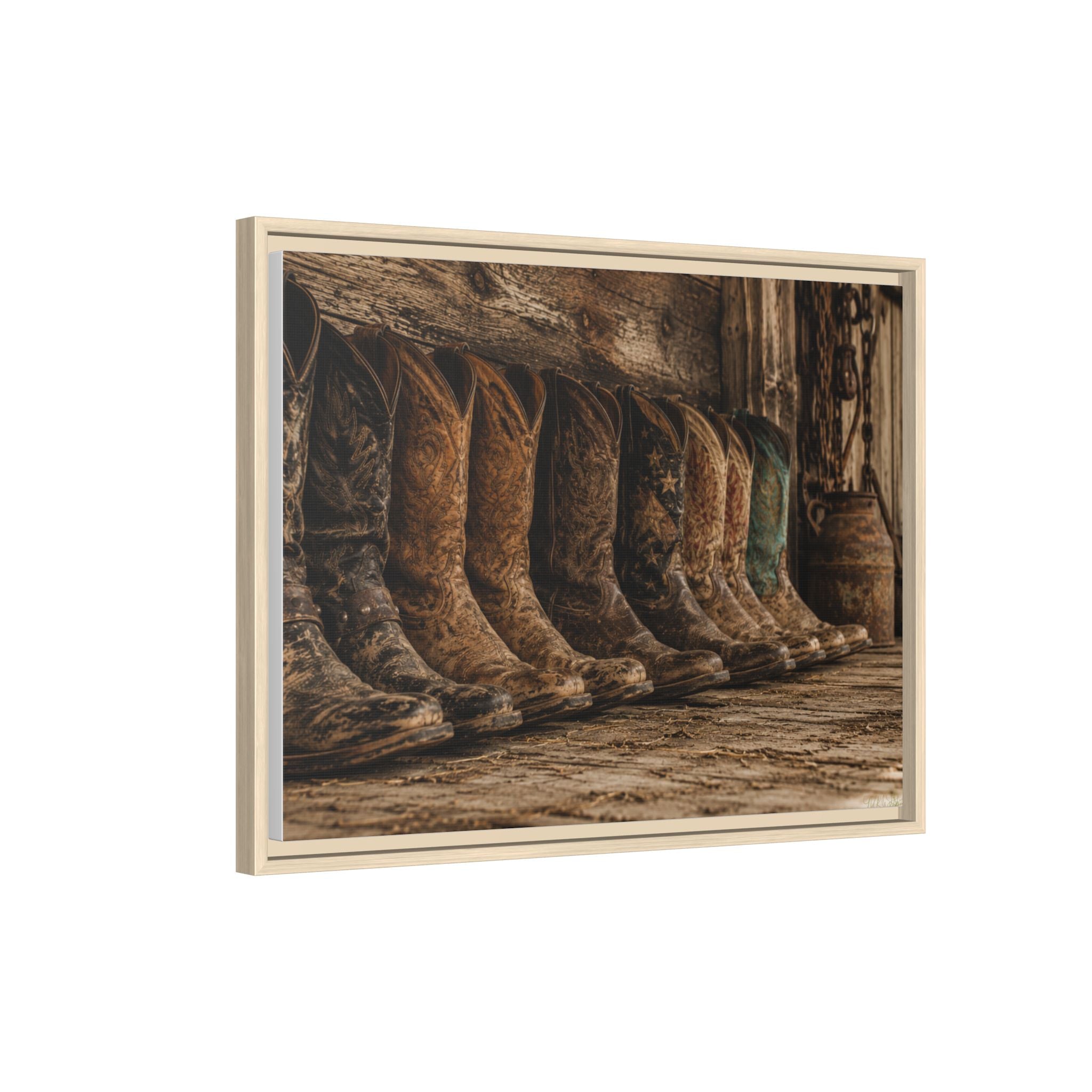 Legends in Leather - Framed Matte Canvas Print — Vintage Cowboy Boots Wall Art