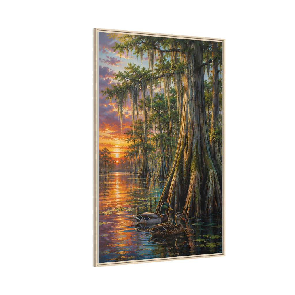 Wall Decor - A serene Southern wetland painting featuring majestic cypress trees, glowing sunset reflections, and peaceful waters. Rich colors and timeless beauty make this signed artwork a stunning addition to traditional, coastal, farmhouse, and rustic interiors.