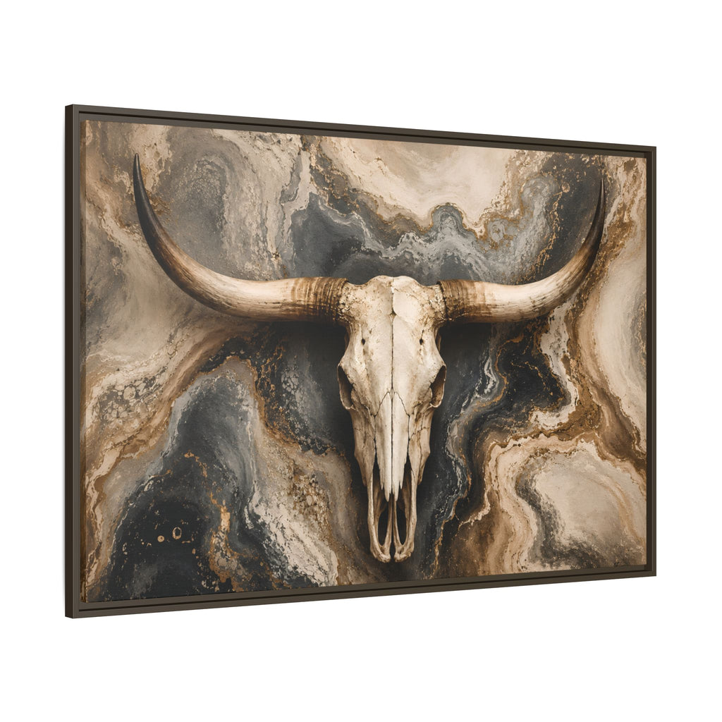 Western longhorn skull artwork featuring a dramatic marbled background in ivory, charcoal, taupe, and gold. Modern ranch-inspired wall art blending rustic Western heritage with luxury farmhouse and contemporary home décor styles.  Angled up close look.