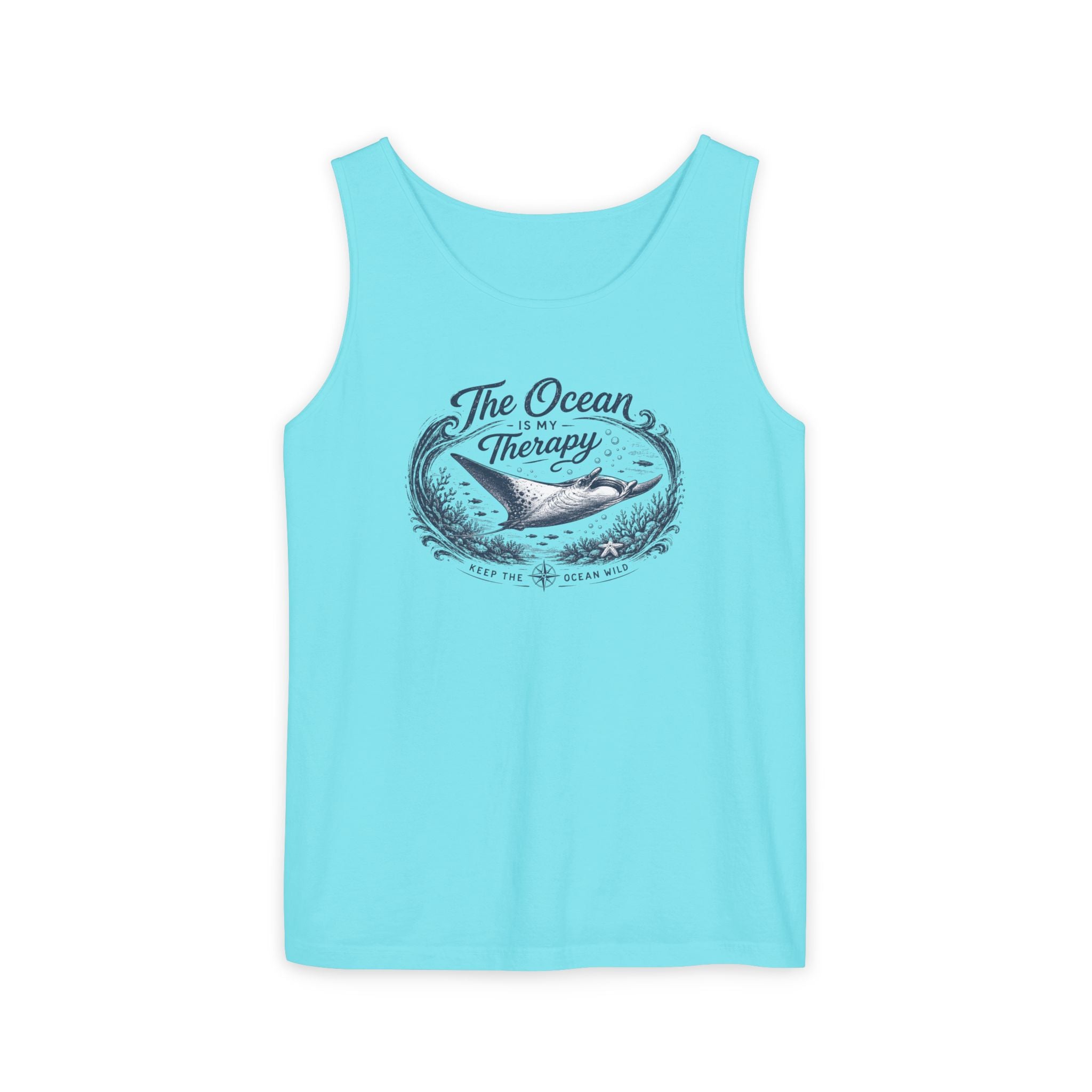 The Ocean Is My Therapy | Vintage Manta Ray Graphic Shirt | Keep the Ocean Wild - Unisex Garment-Dyed Tank Top