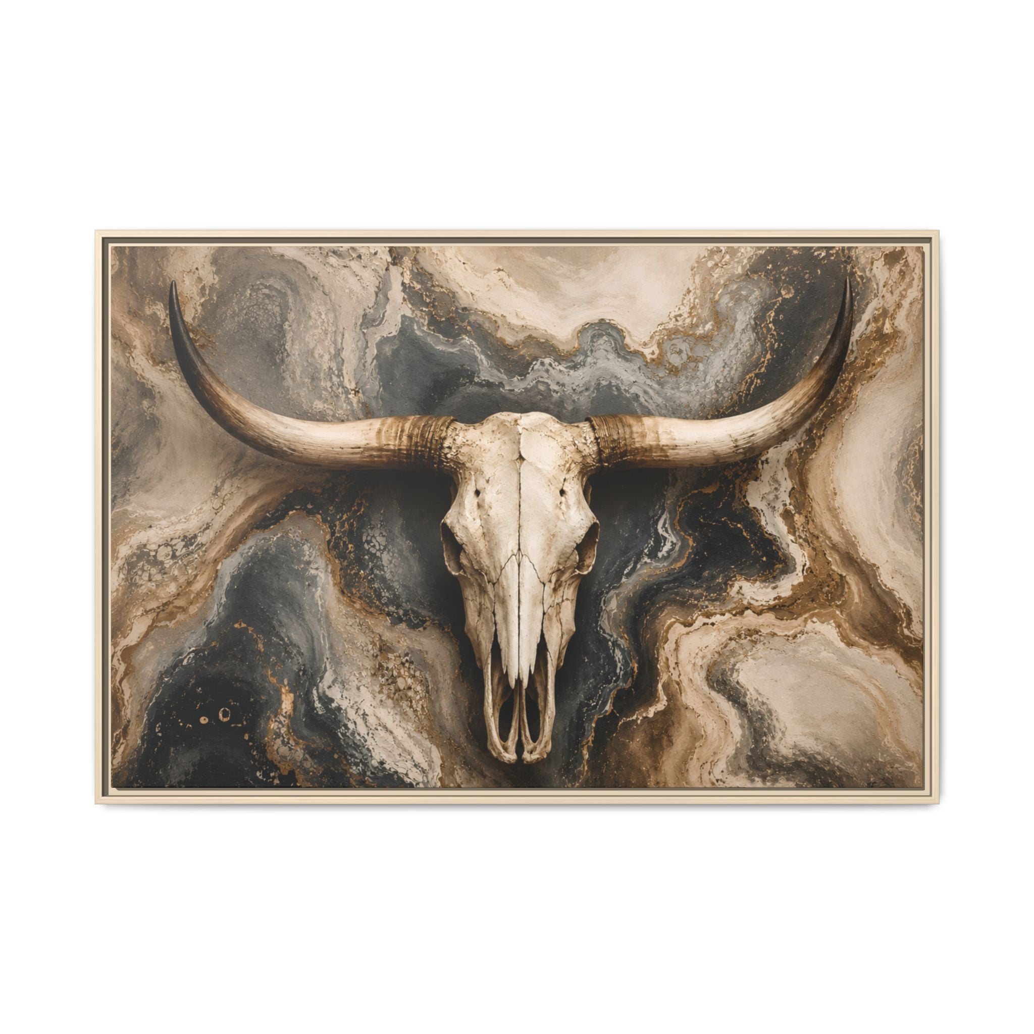 Up close western longhorn skull artwork featuring a dramatic marbled background in ivory, charcoal, taupe, and gold. Modern ranch-inspired wall art blending rustic Western heritage with luxury farmhouse and contemporary home décor styles.