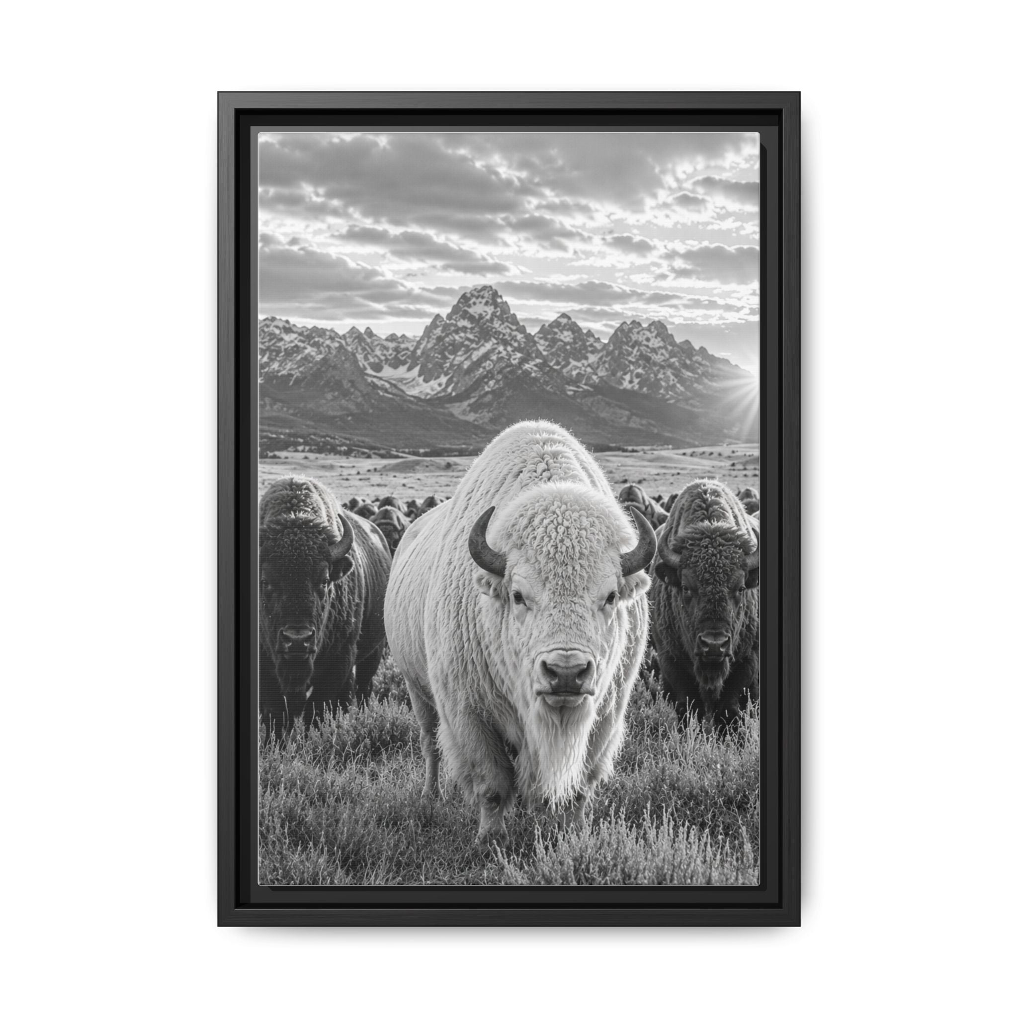 Black Frame - A striking black-and-white wildlife photograph featuring a rare white bison leading its herd beneath towering mountain peaks. Bold, timeless, and rich with western character, this fine art image celebrates the power and majesty of the American wilderness.