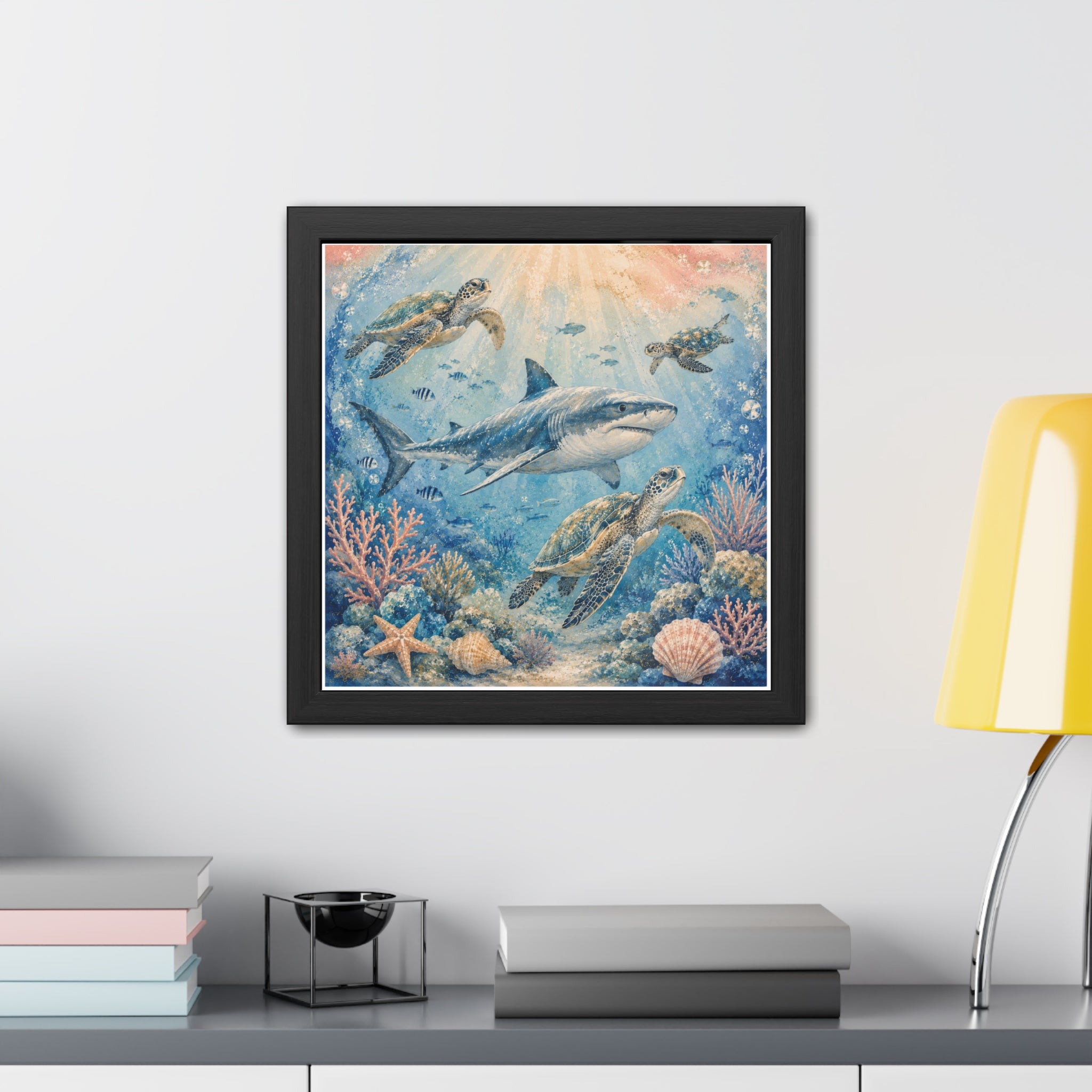 BED ROOM - Sea turtles and a graceful shark swim through a peaceful underwater world.