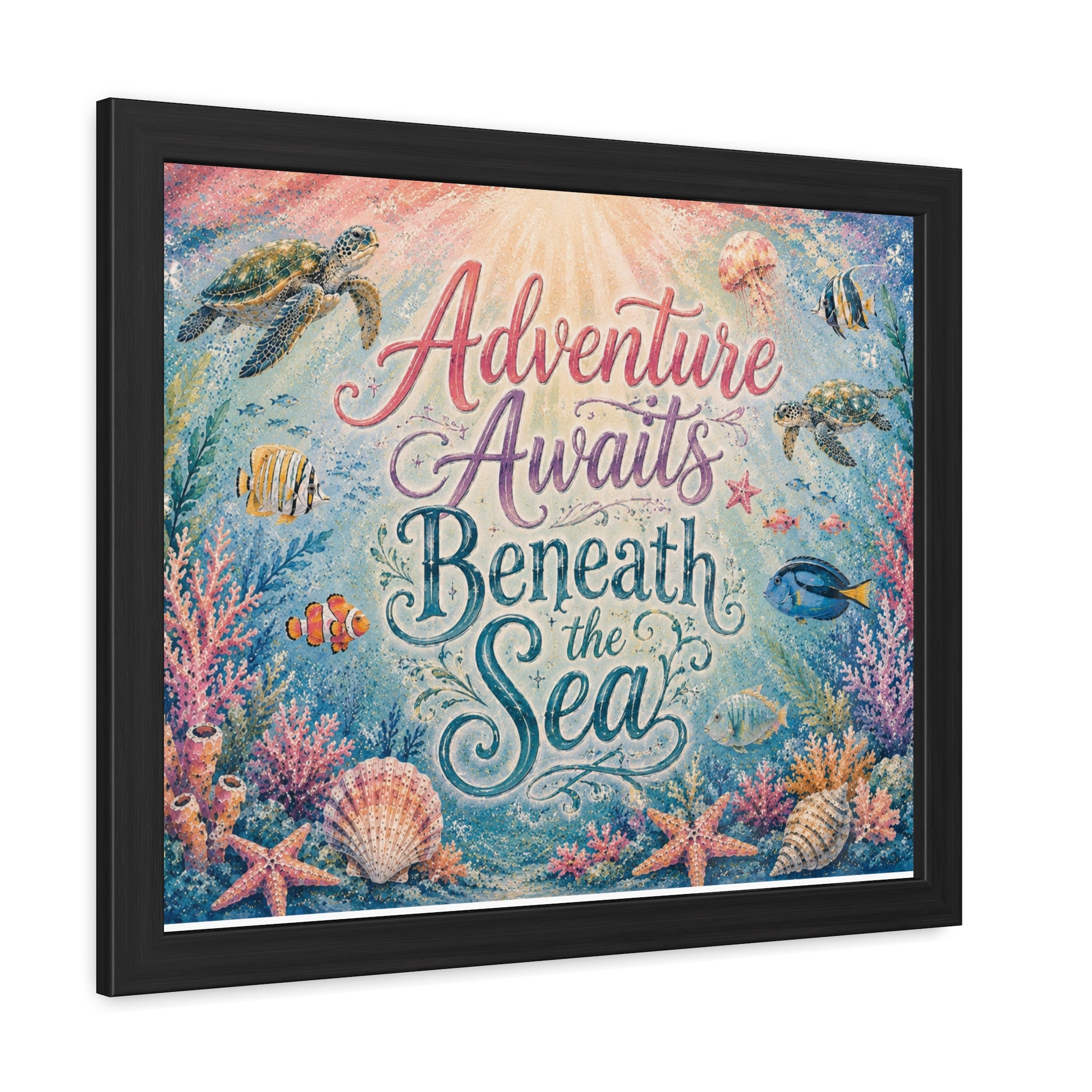 NURSERY - Whimsical ocean typography artwork combines elegant lettering with playful underwater details. Sea turtles, tropical fish, coral gardens, shells, and gentle ocean light. 