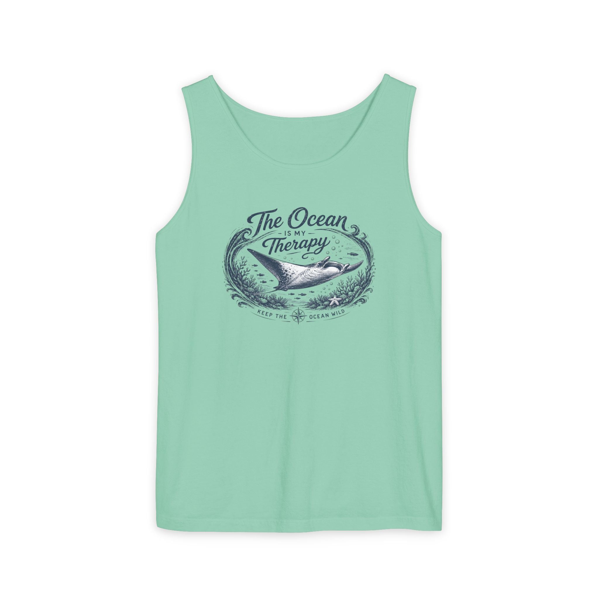 The Ocean Is My Therapy | Vintage Manta Ray Graphic Shirt | Keep the Ocean Wild - Unisex Garment-Dyed Tank Top
