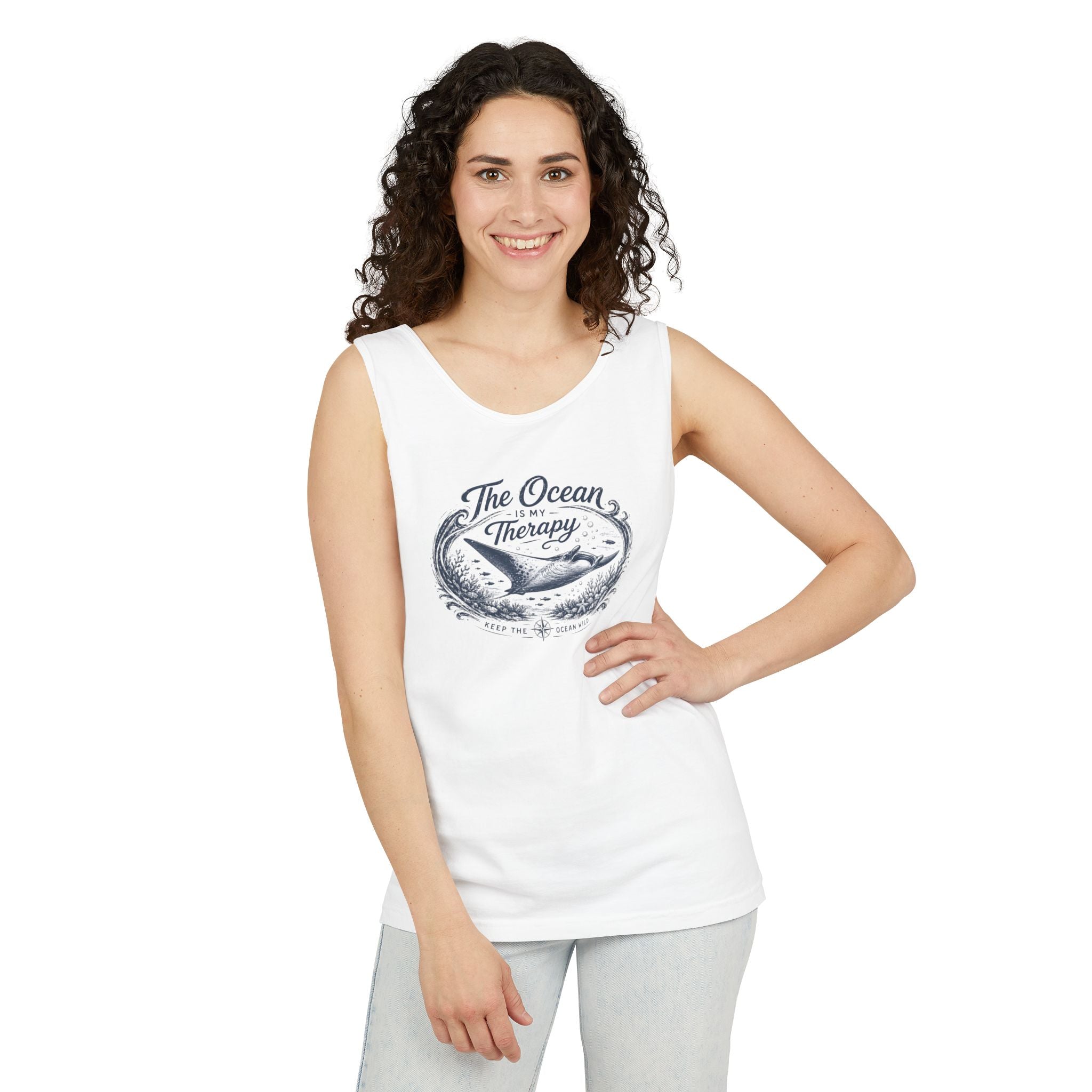 The Ocean Is My Therapy | Vintage Manta Ray Graphic Shirt | Keep the Ocean Wild - Unisex Garment-Dyed Tank Top