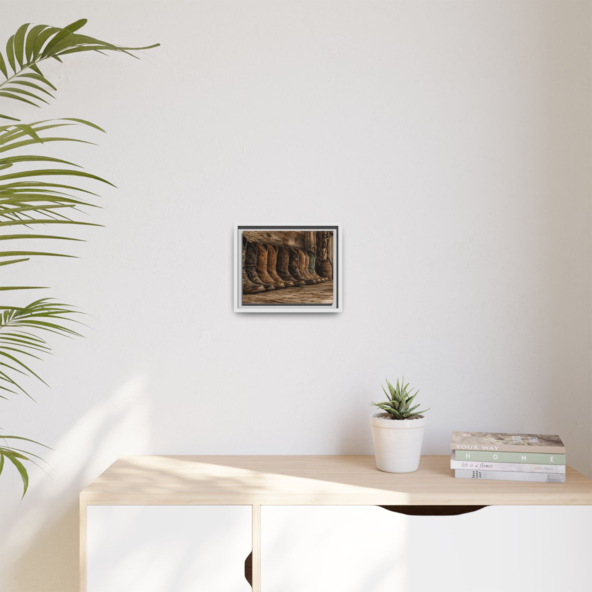 White frame in Office - Adorable puppies peeking from weathered cowboy boots create a heartwarming blend of Western charm, playful personalities, and rustic farmhouse style.