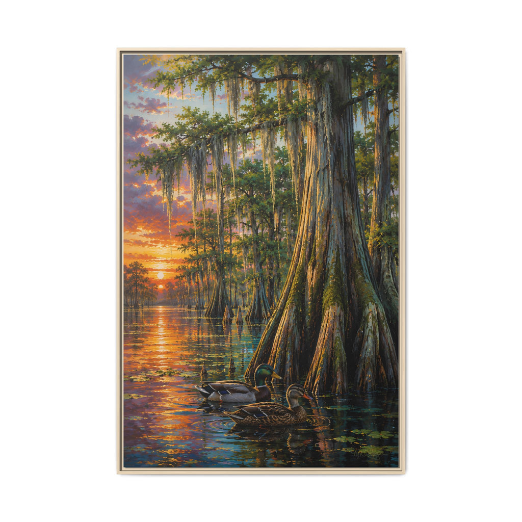 A serene Southern wetland painting featuring majestic cypress trees, glowing sunset reflections, and peaceful waters. Rich colors and timeless beauty make this signed artwork a stunning addition to traditional, coastal, farmhouse, and rustic interiors.
