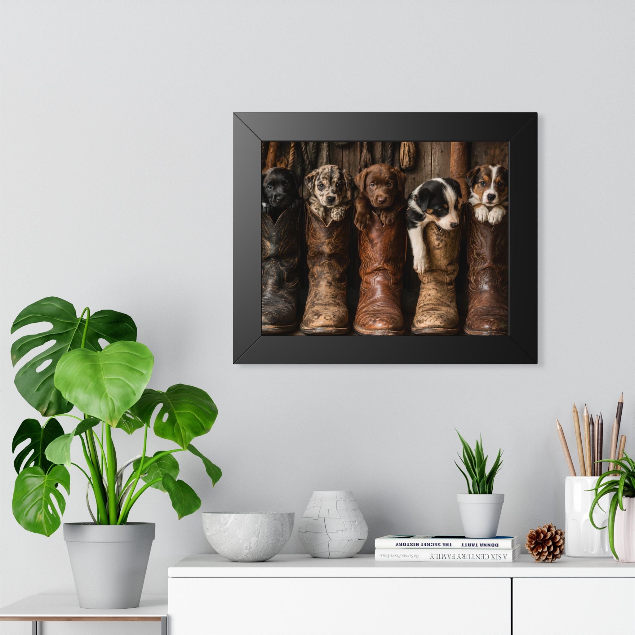 Black Frame Wall Portrait Office  - Five adorable puppies nestled in weathered cowboy boots create a heartwarming scene filled with Western charm, playful personalities, and rustic country style.