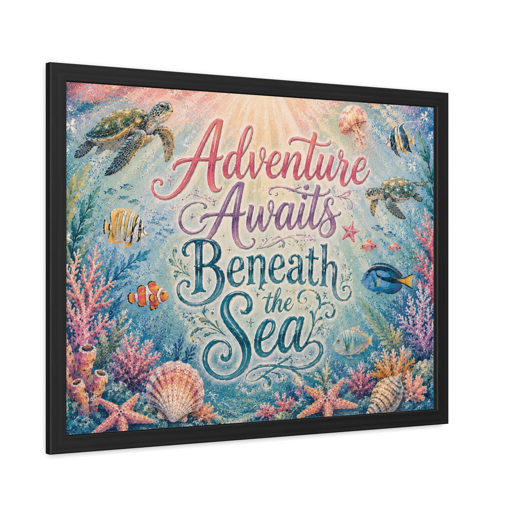 Whimsical ocean typography artwork combines elegant lettering with playful underwater details. Sea turtles, tropical fish, coral gardens, shells, and gentle ocean light. 