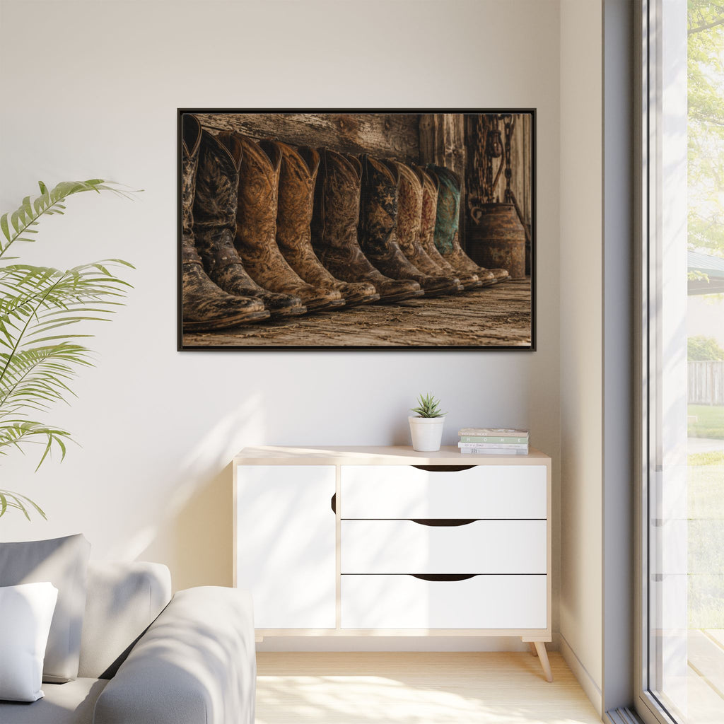 Legends in Leather - Framed Matte Canvas Print — Vintage Cowboy Boots Wall Art