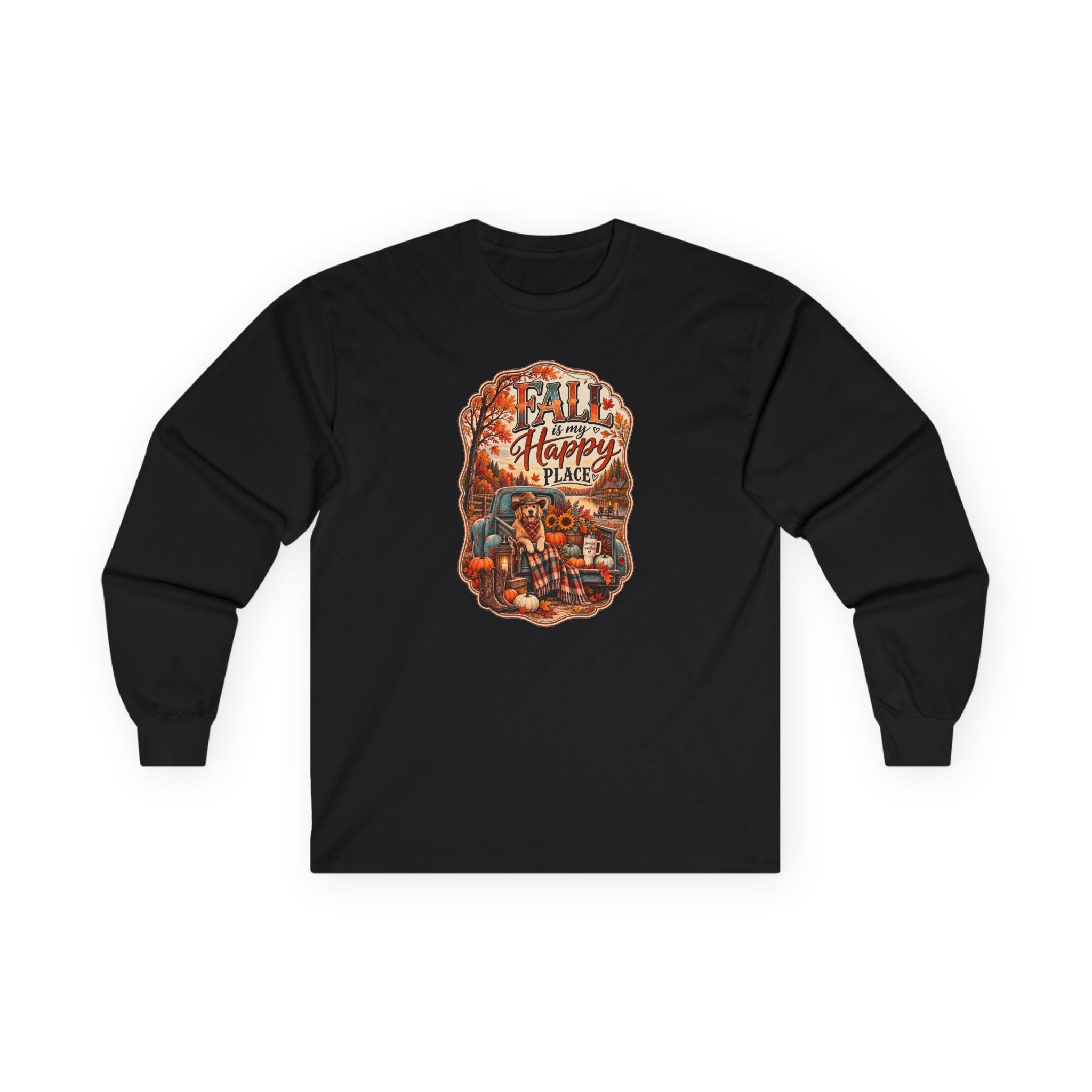 Fall Is My Happy Place | Golden Retriever Fall Shirt | Country Autumn Dog Design | Vintage Truck Pumpkin Sweatshirt - Unisex Ultra Cotton Long Sleeve Tee