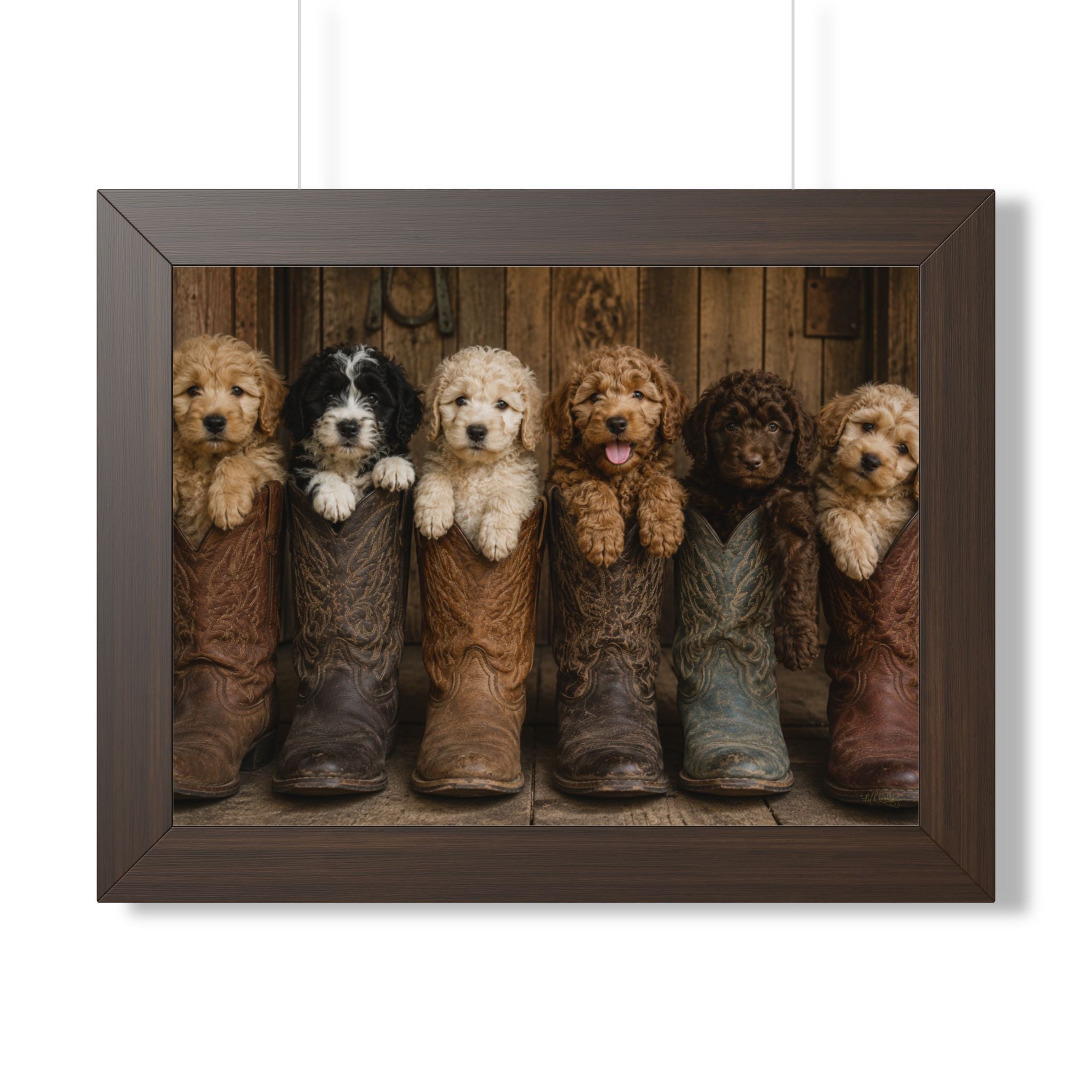 Brown Frame - Six adorable puppies nestled inside weathered cowboy boots create a heartwarming blend of Western charm, playful personalities, and rustic farmhouse style.