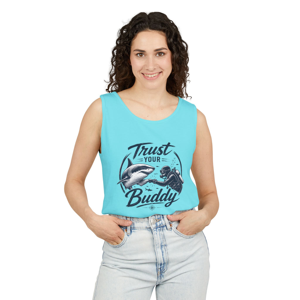 Trust Your Buddy | Vintage Scuba Diver Graphic Shirt | Keep the Ocean Wild -  Unisex Garment-Dyed Tank Top