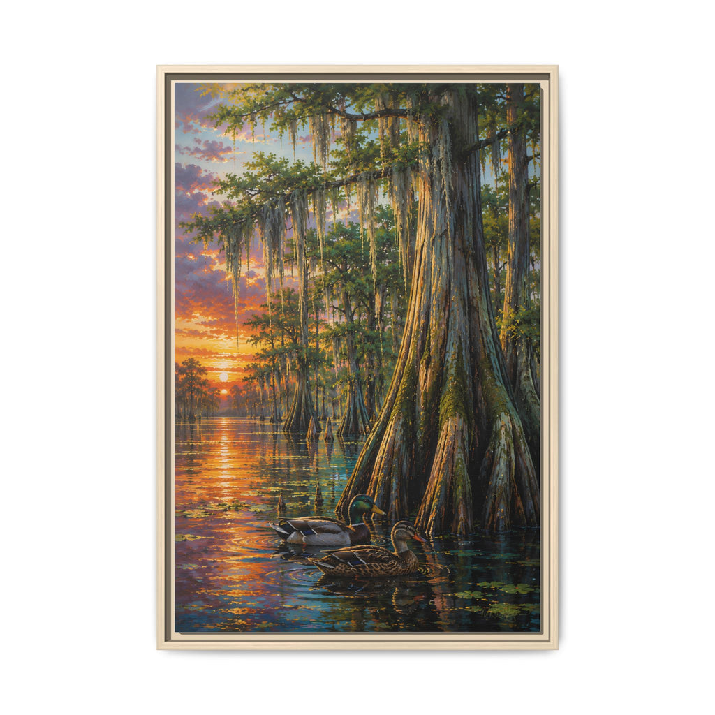A serene Southern wetland painting featuring majestic cypress trees, glowing sunset reflections, and peaceful waters. Rich colors and timeless beauty make this signed artwork a stunning addition to traditional, coastal, farmhouse, and rustic interiors.