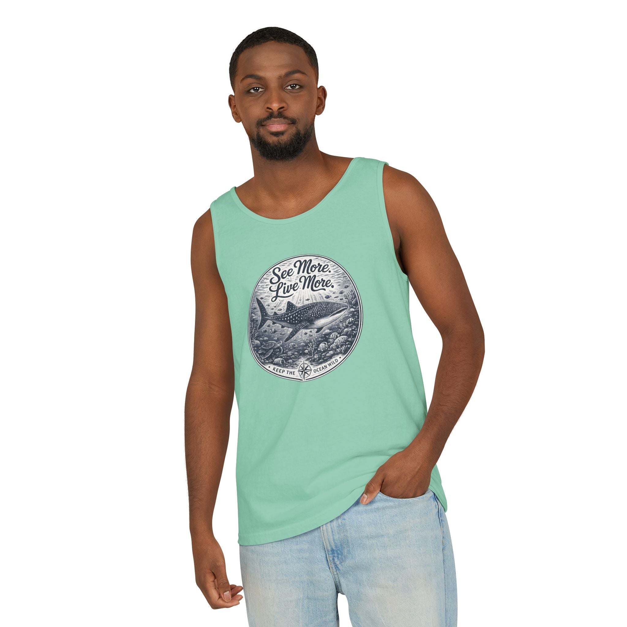 See More. Live More. | Vintage Scuba Diver Graphic Shirt | Keep the Ocean Wild -  Unisex Garment-Dyed Tank Top