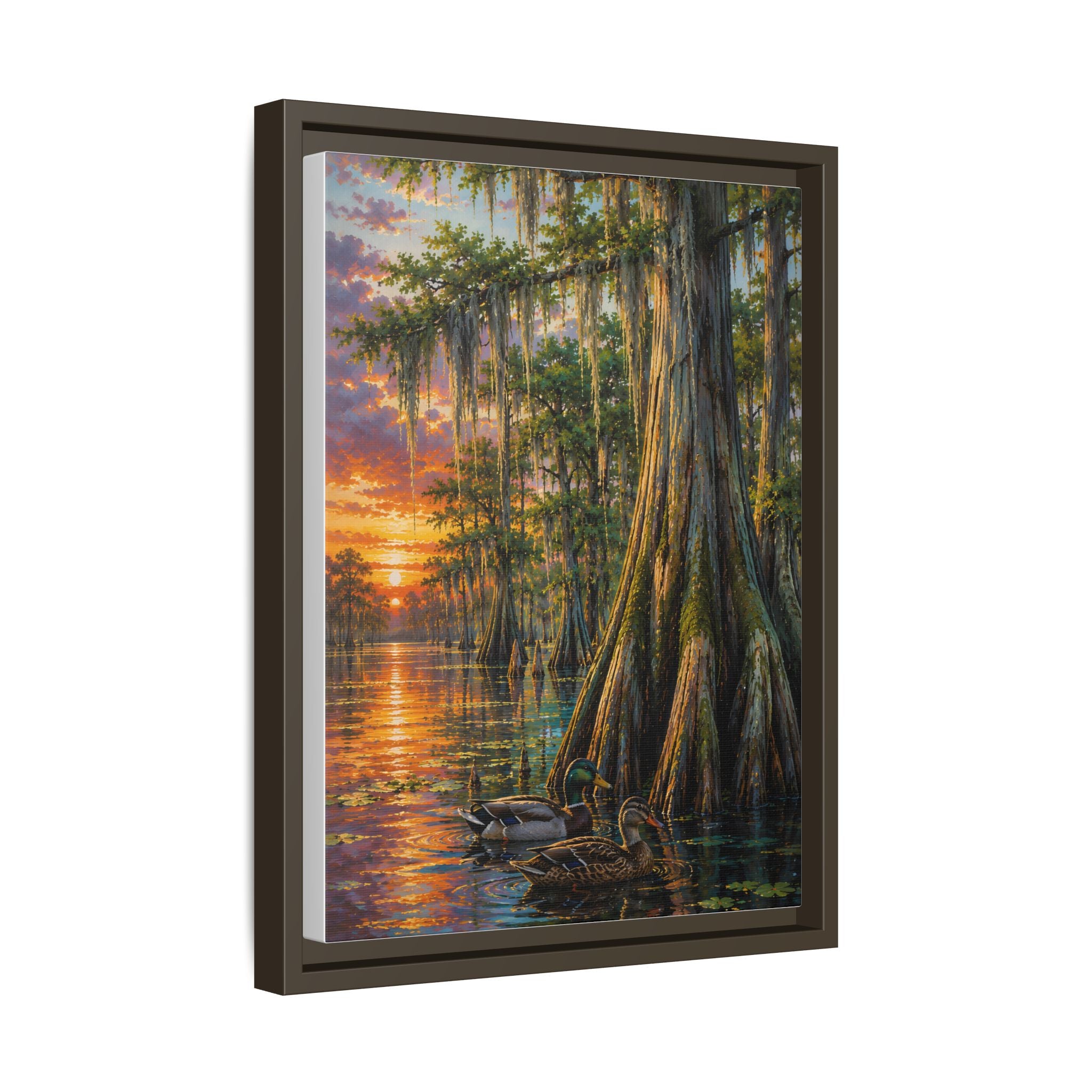 A serene Southern wetland painting featuring majestic cypress trees, glowing sunset reflections, and peaceful waters. Rich colors and timeless beauty make this signed artwork a stunning addition to traditional, coastal, farmhouse, and rustic interiors.