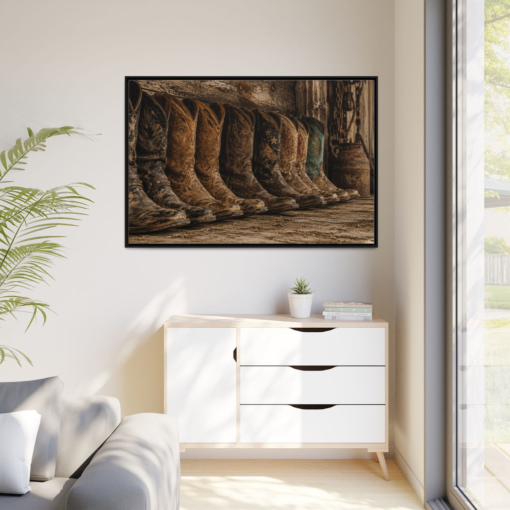 Legends in Leather - Framed Matte Canvas Print — Vintage Cowboy Boots Wall Art