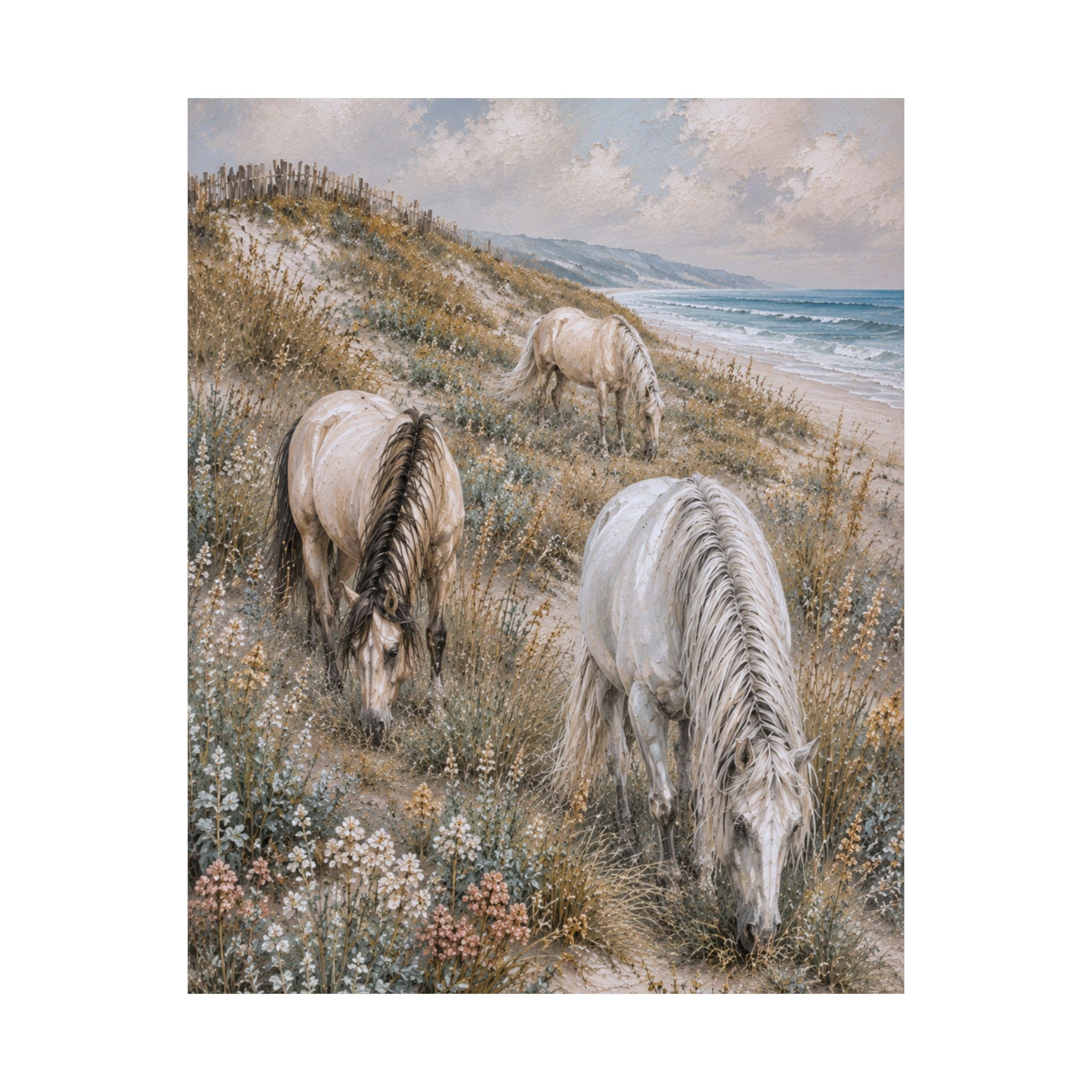 Three graceful horses graze among coastal dunes overlooking the sea in this serene equestrian artwork featuring soft neutral tones, textured details, and timeless seaside beauty.