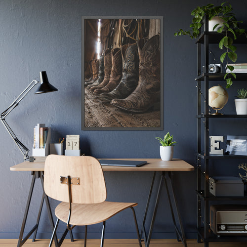 Office Weathered cowboy boots line the floor of an old barn, capturing the rugged beauty, heritage, and timeless spirit of Western ranch life.