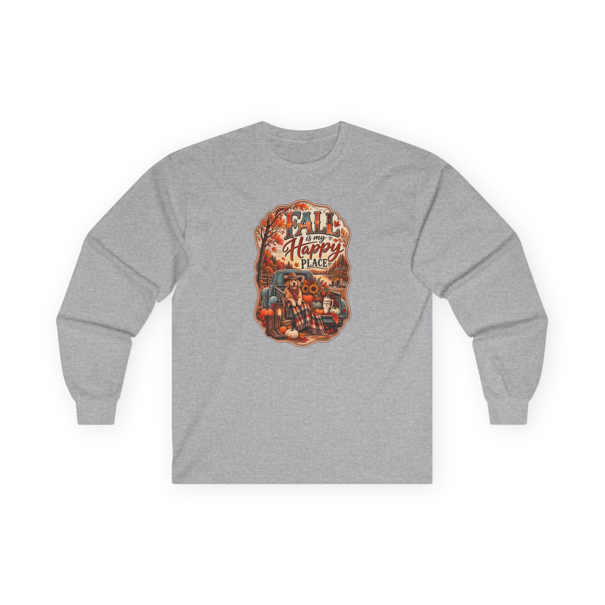Fall Is My Happy Place | Golden Retriever Fall Shirt | Country Autumn Dog Design | Vintage Truck Pumpkin Sweatshirt - Unisex Ultra Cotton Long Sleeve Tee