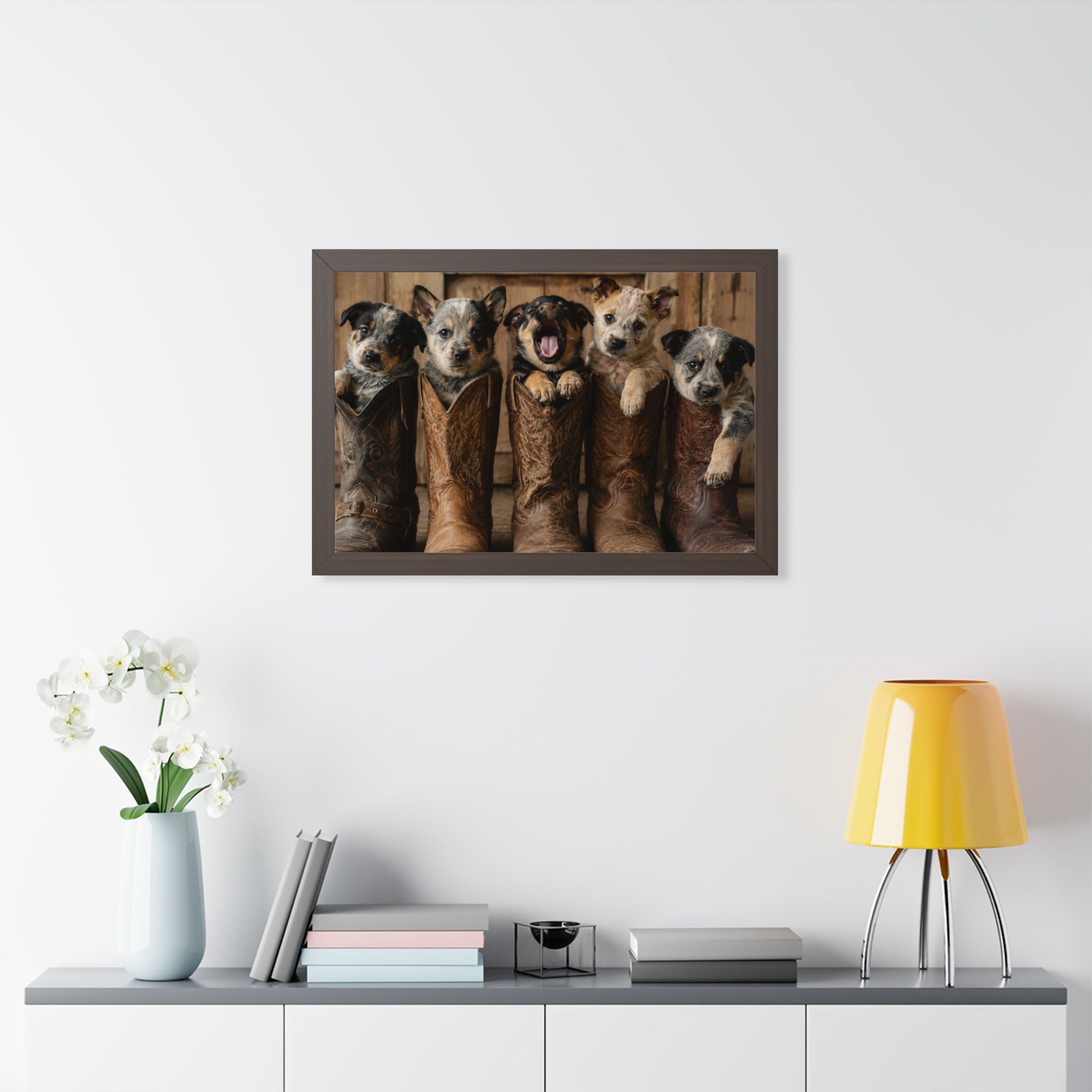 Adorable puppies peeking from weathered cowboy boots create a heartwarming blend of Western charm, playful personalities, and rustic farmhouse style.
