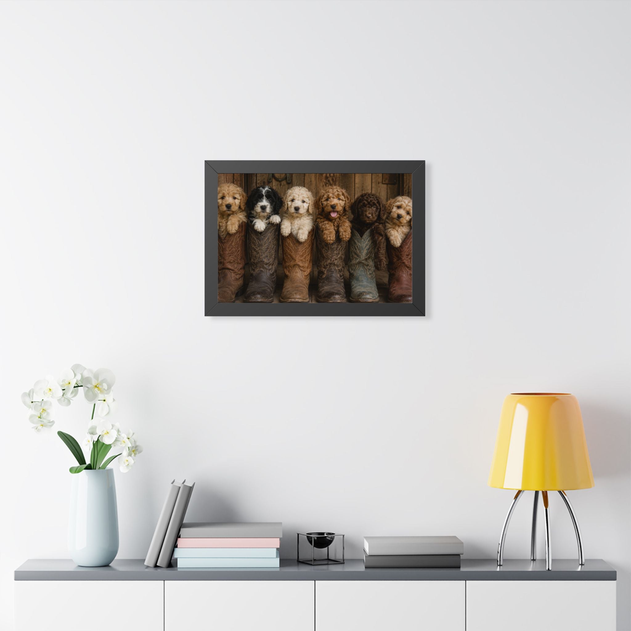 Black Frame Office - Six adorable puppies nestled inside weathered cowboy boots create a heartwarming blend of Western charm, playful personalities, and rustic farmhouse style.