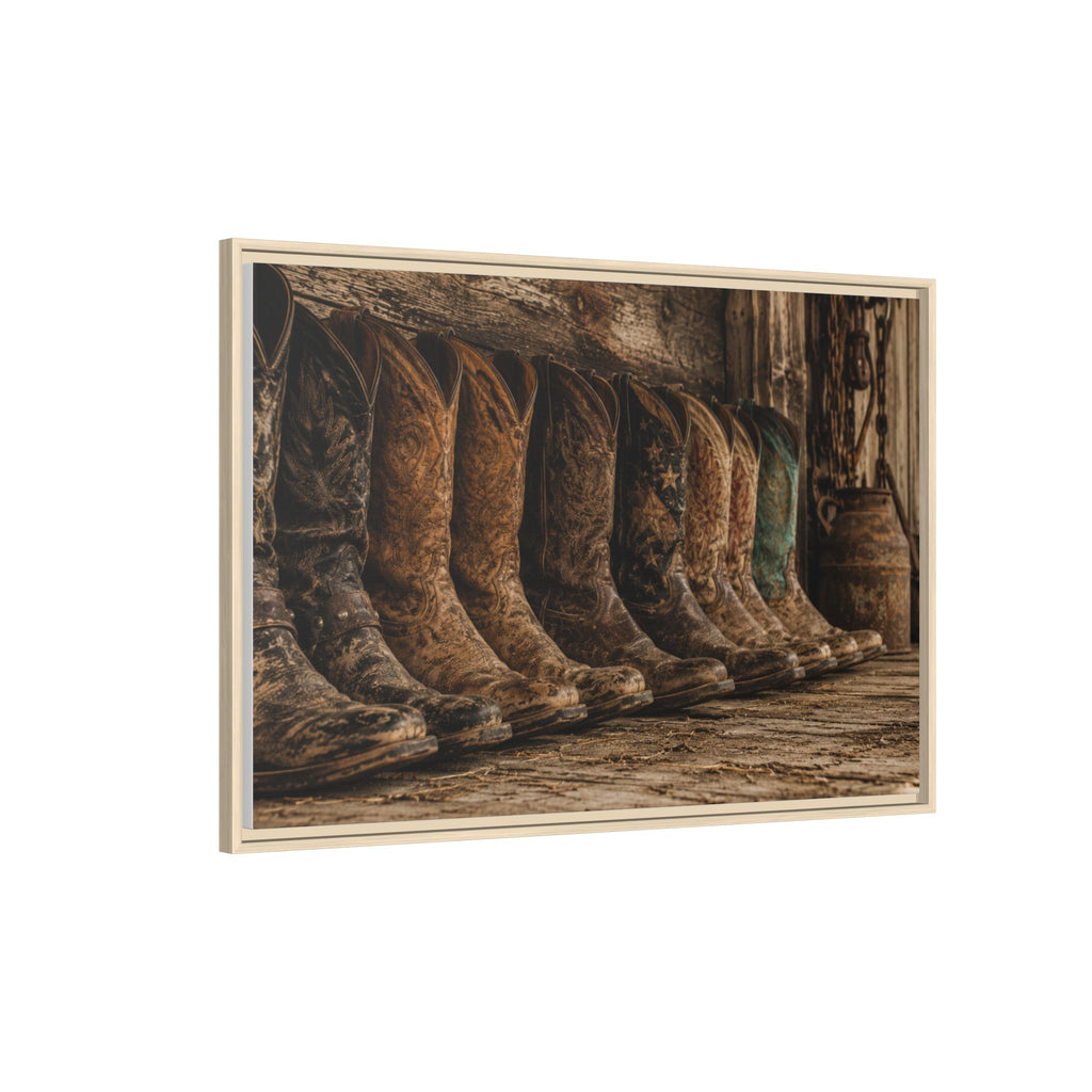 Legends in Leather - Framed Matte Canvas Print — Vintage Cowboy Boots Wall Art