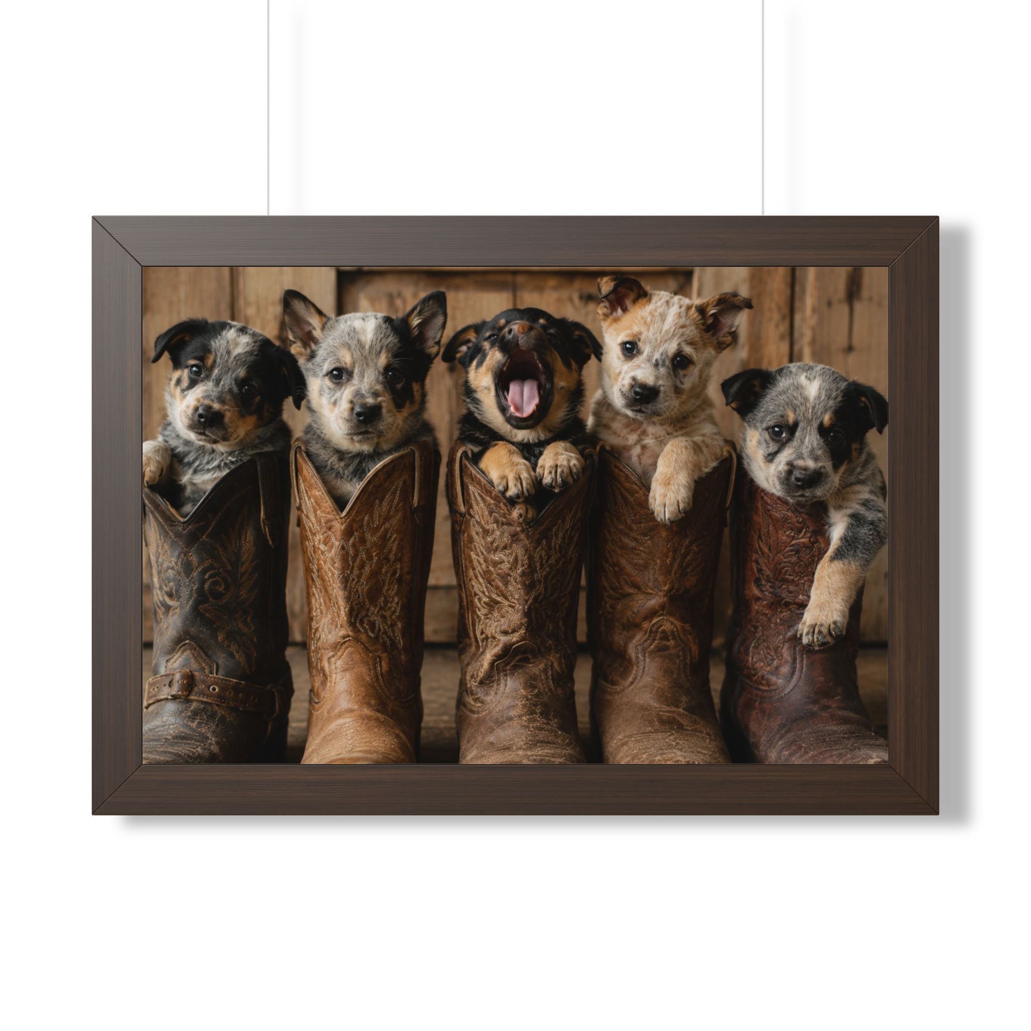 Adorable puppies peeking from weathered cowboy boots create a heartwarming blend of Western charm, playful personalities, and rustic farmhouse style.