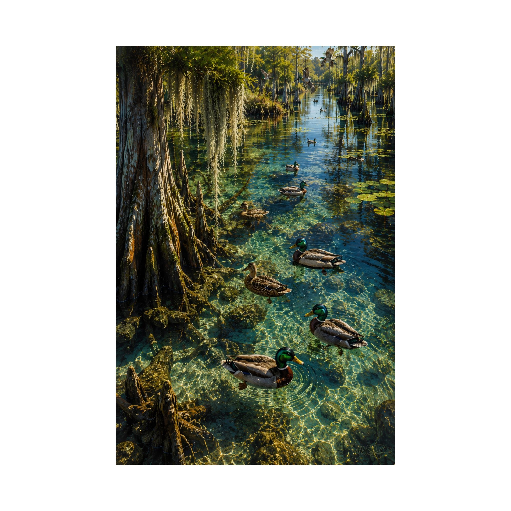 Where the Water Runs Clear – Southern waterscape matte poster with mallard ducks in crystal-clear spring water beneath cypress trees