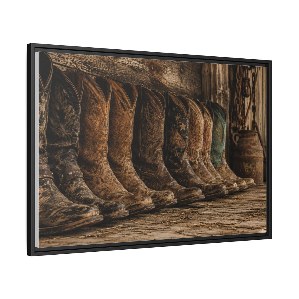 Legends in Leather - Framed Matte Canvas Print — Vintage Cowboy Boots Wall Art