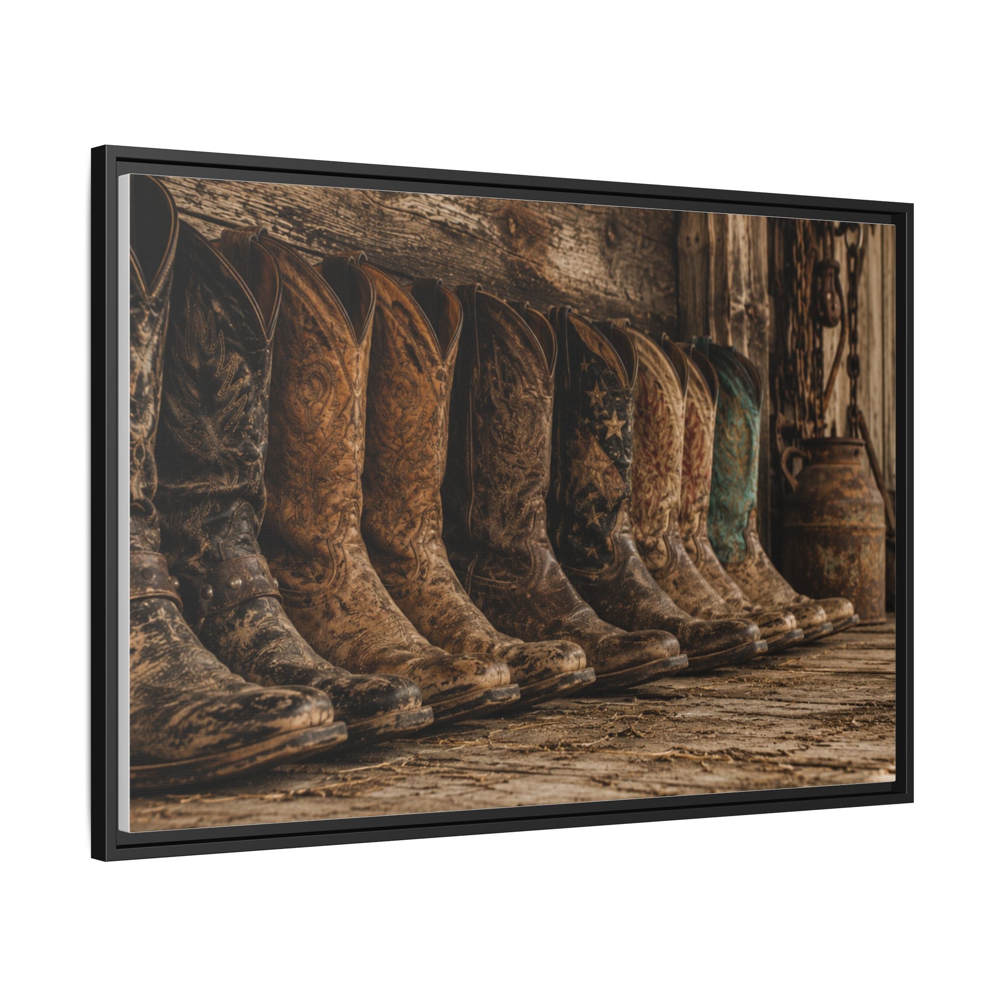 Legends in Leather - Framed Matte Canvas Print — Vintage Cowboy Boots Wall Art