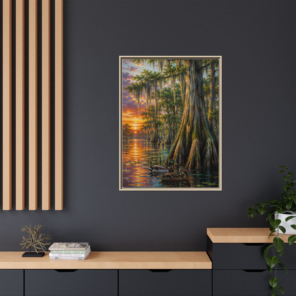 Living Room - A serene Southern wetland painting featuring majestic cypress trees, glowing sunset reflections, and peaceful waters. Rich colors and timeless beauty make this signed artwork a stunning addition to traditional, coastal, farmhouse, and rustic interiors.