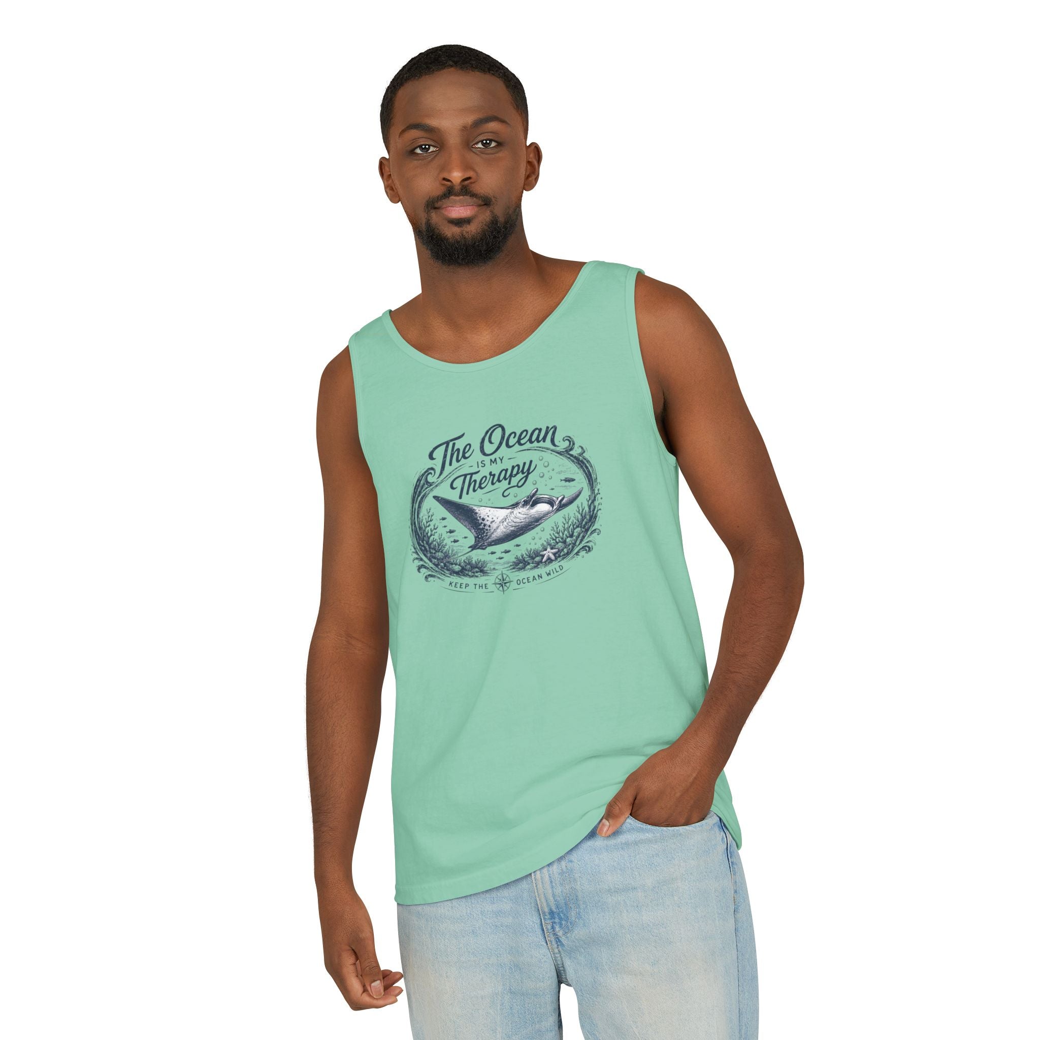 The Ocean Is My Therapy | Vintage Manta Ray Graphic Shirt | Keep the Ocean Wild - Unisex Garment-Dyed Tank Top
