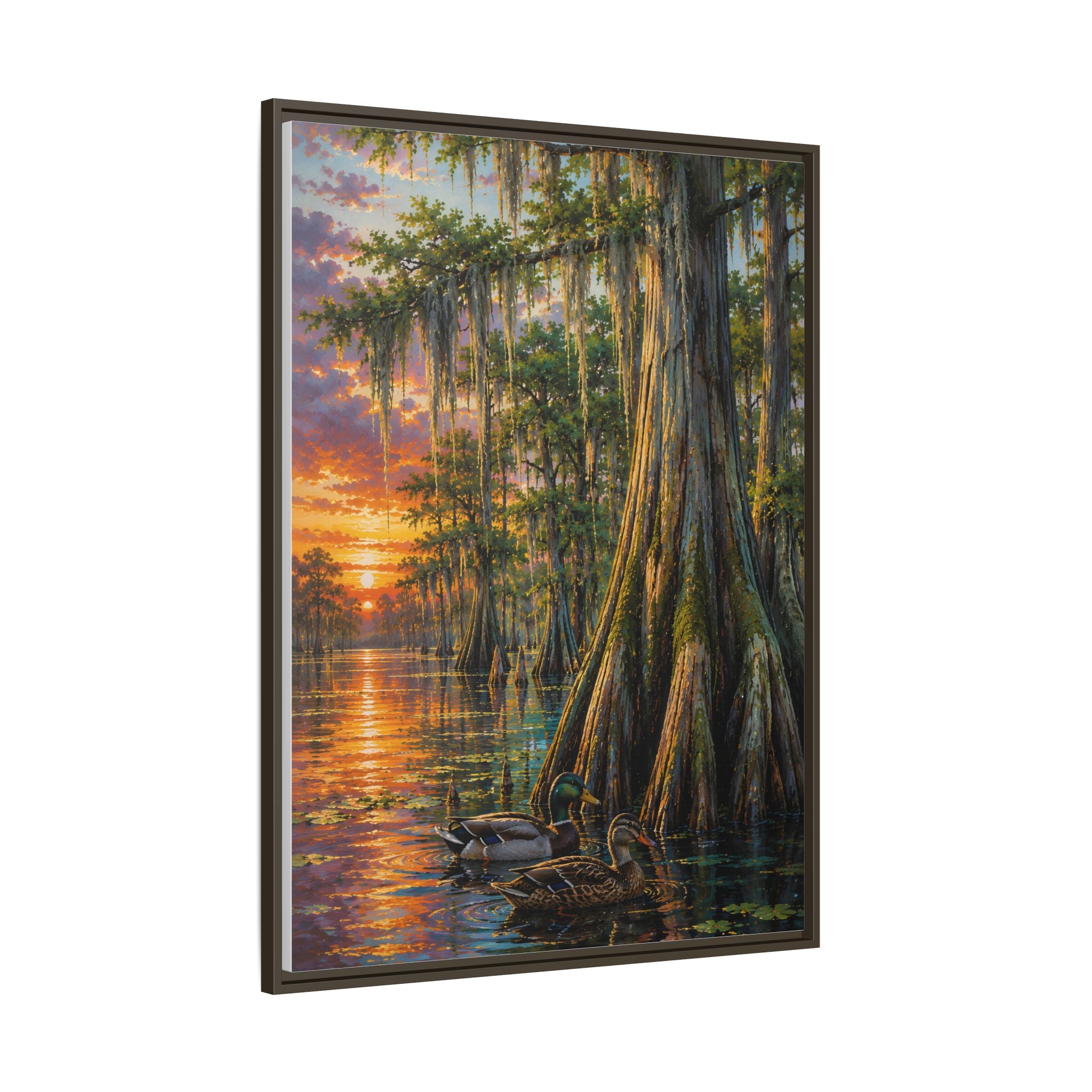 Side View - A serene Southern wetland painting featuring majestic cypress trees, glowing sunset reflections, and peaceful waters. Rich colors and timeless beauty make this signed artwork a stunning addition to traditional, coastal, farmhouse, and rustic interiors.