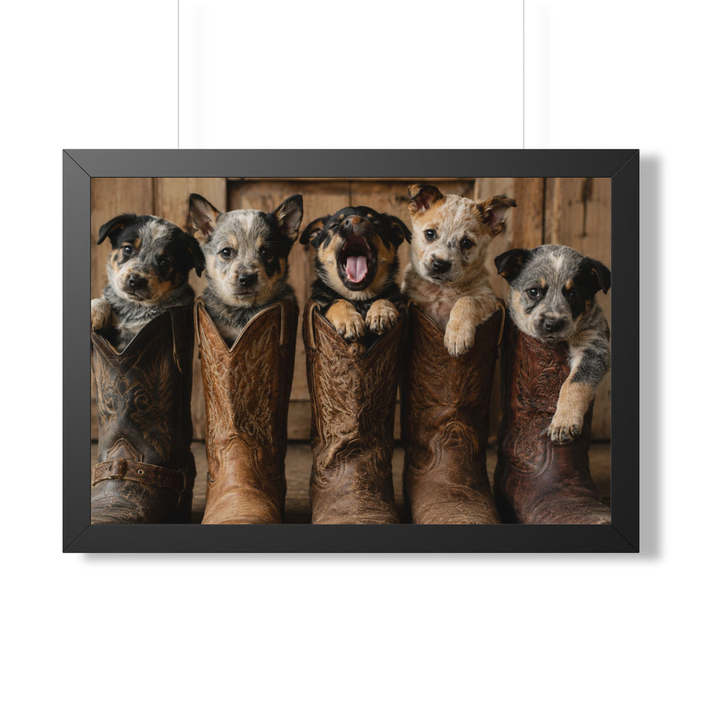 Adorable puppies peeking from weathered cowboy boots create a heartwarming blend of Western charm, playful personalities, and rustic farmhouse style.