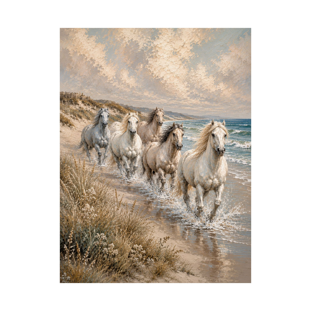 Run With The Tide -  Matte Poster — Horse Beach Wall Art (Cream Sand Blue)