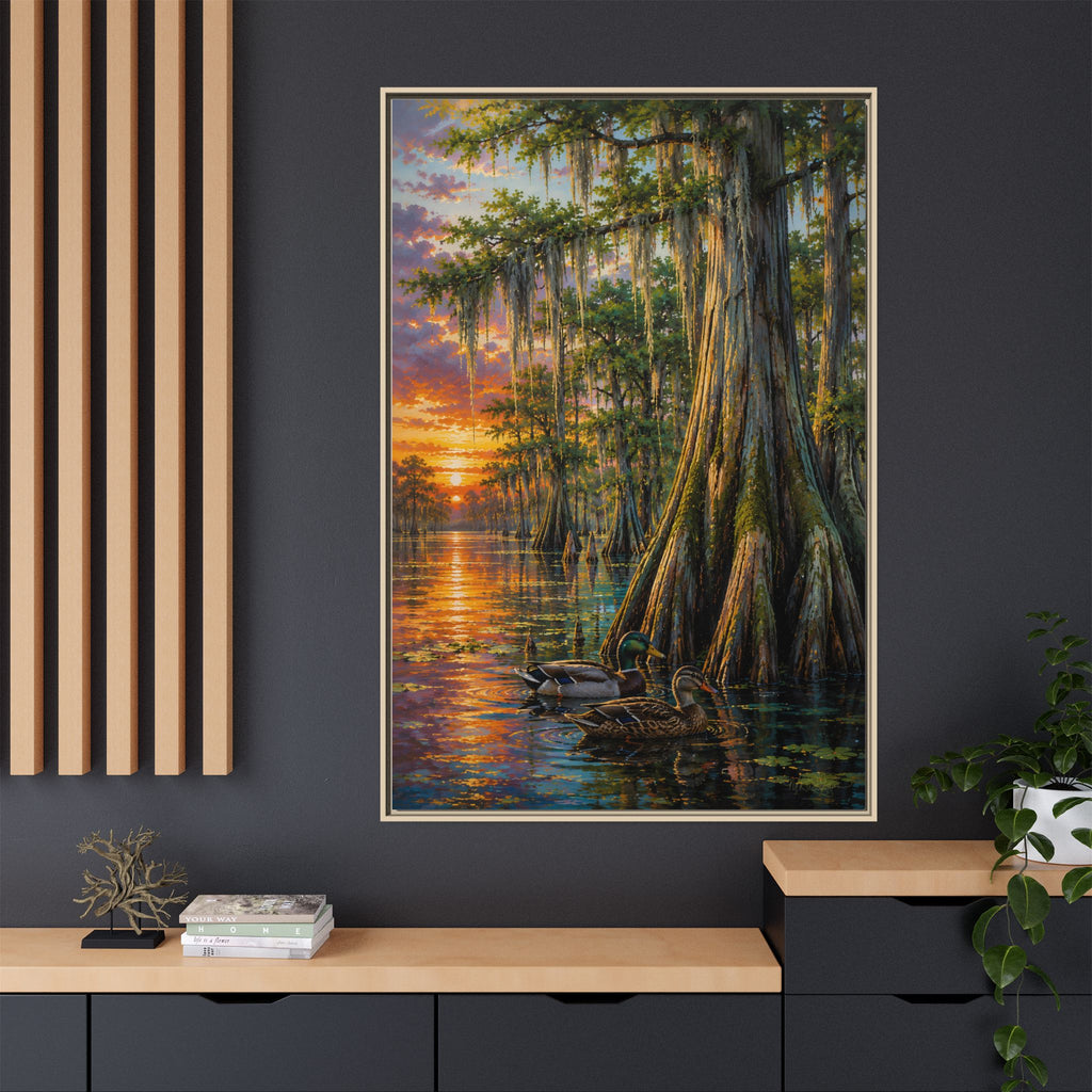 A serene Southern wetland painting featuring majestic cypress trees, glowing sunset reflections, and peaceful waters. Rich colors and timeless beauty make this signed artwork a stunning addition to traditional, coastal, farmhouse, and rustic interiors.