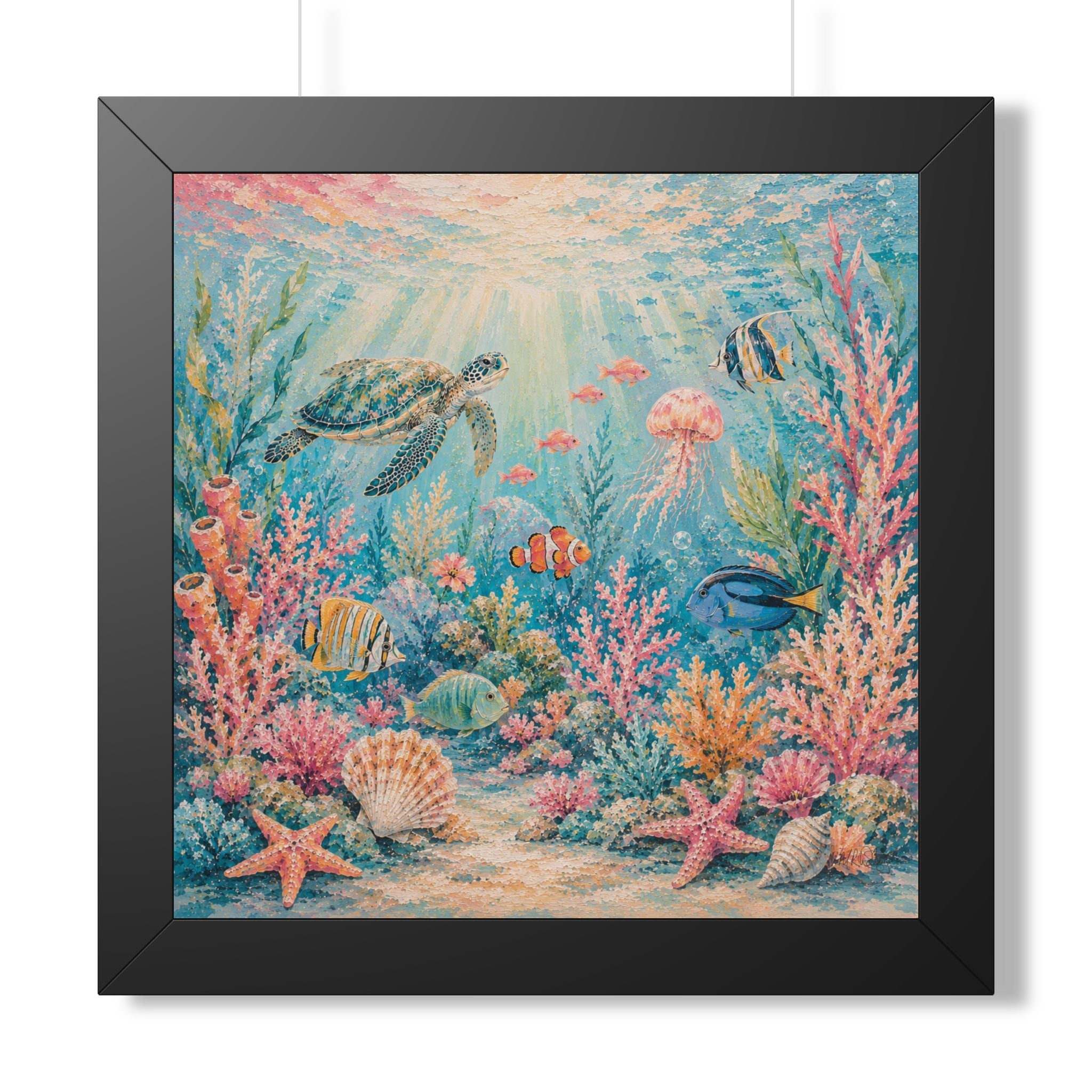 BLACK FRAME - A graceful sea turtle explores a colorful coral reef beneath sparkling ocean waters.